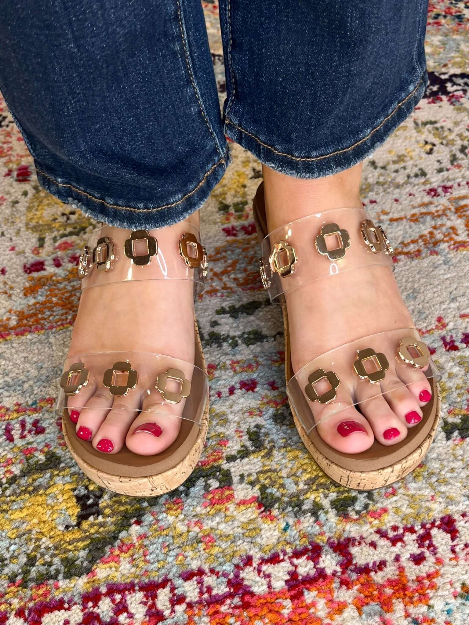 Corky's Footwear Hi Tide Clear Strap Cork Wedge Heels with Gold Studs - Lavender Hills BeautyCorkys Footwear41 - 0496 - CLER - 6