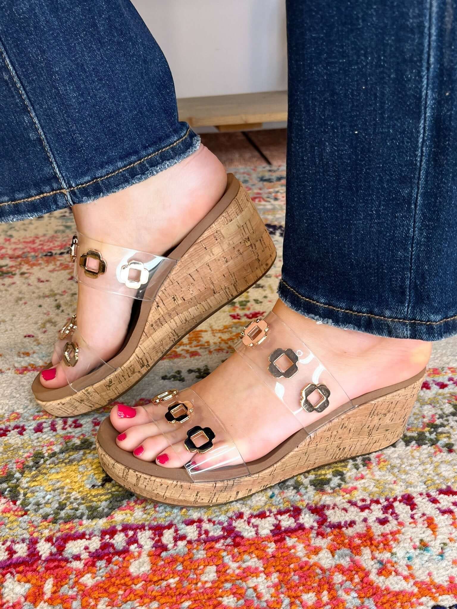 Corky's Footwear Hi Tide Clear Strap Cork Wedge Heels with Gold Studs - Lavender Hills BeautyCorkys Footwear41 - 0496 - CLER - 6