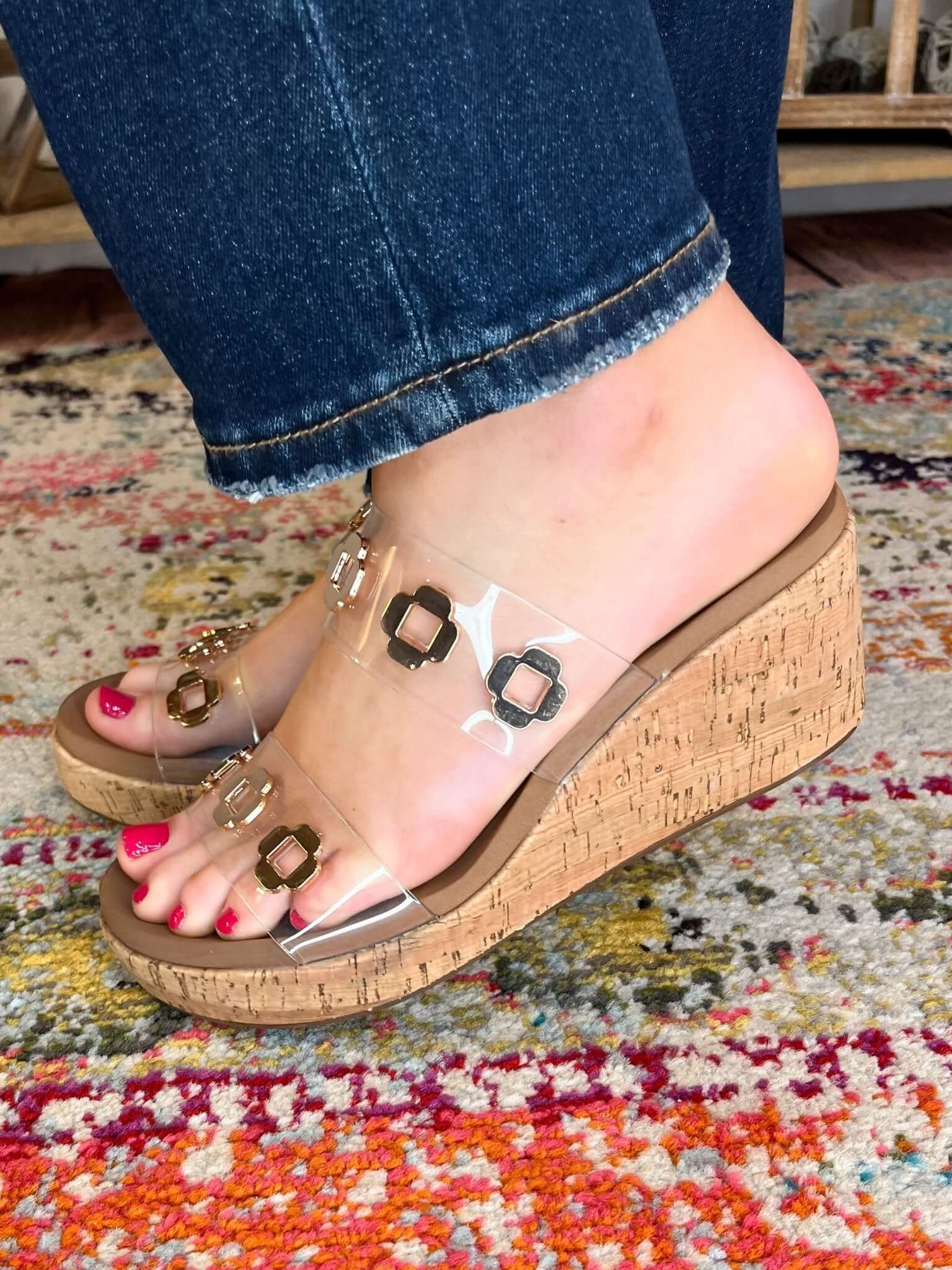 Corky's Footwear Hi Tide Clear Strap Cork Wedge Heels with Gold Studs - Lavender Hills BeautyCorkys Footwear41 - 0496 - CLER - 6