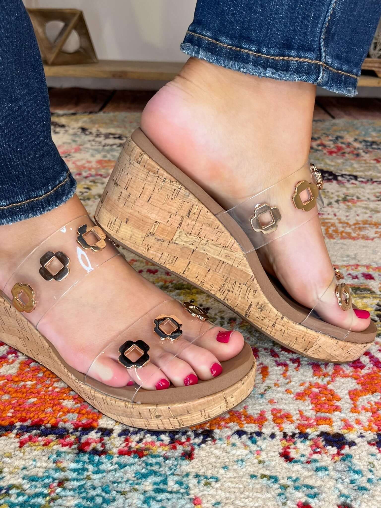 Corky's Footwear Hi Tide Clear Strap Cork Wedge Heels with Gold Studs - Lavender Hills BeautyCorkys Footwear41 - 0496 - CLER - 6