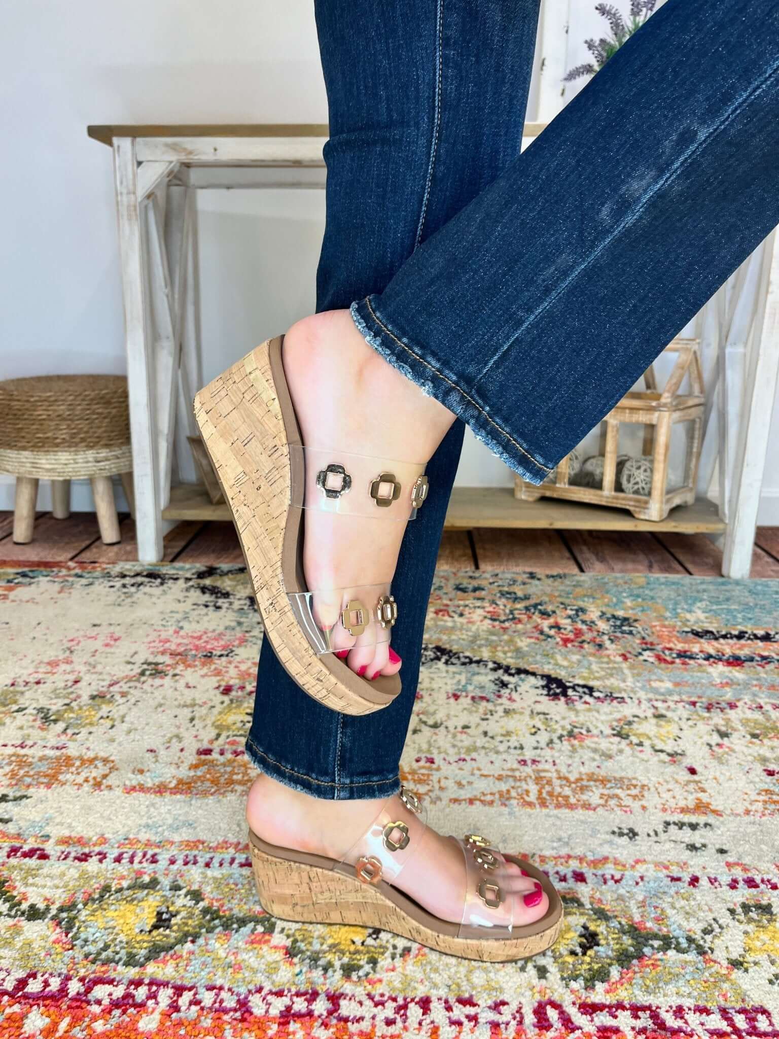 Corky's Footwear Hi Tide Clear Strap Cork Wedge Heels with Gold Studs - Lavender Hills BeautyCorkys Footwear41 - 0496 - CLER - 6