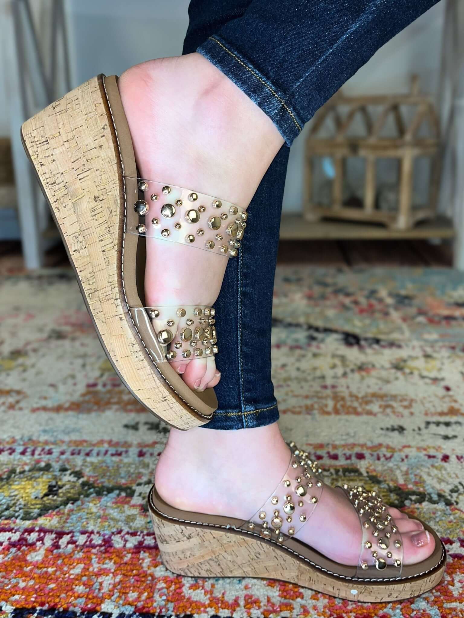 Corky's Footwear Bad Habit Gold Studded Clear Strap Wedge Sandal - Lavender Hills BeautyCorkys Footwear10 - 0169 - CLER - R - 6
