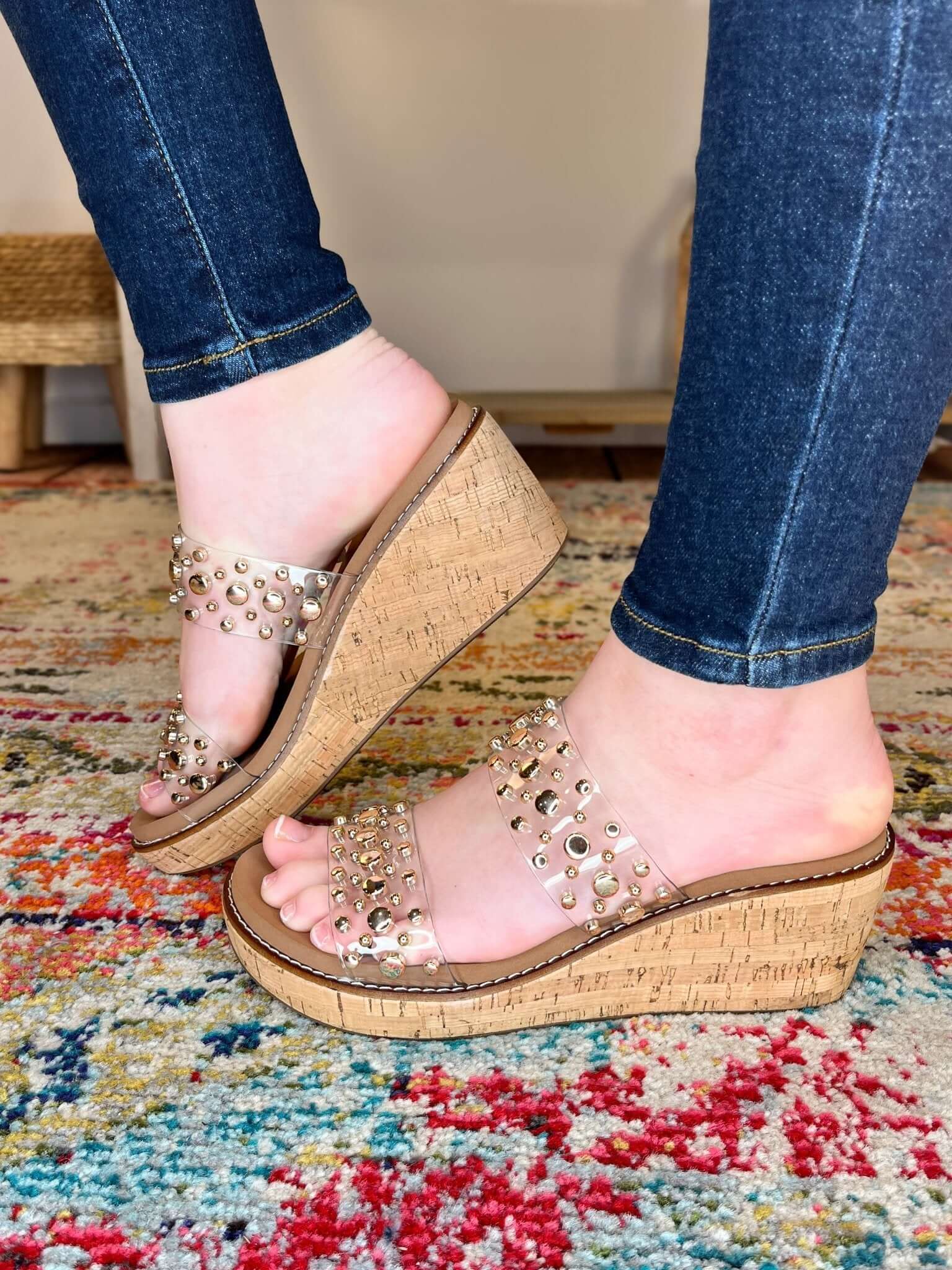 Corky's Footwear Bad Habit Gold Studded Clear Strap Wedge Sandal - Lavender Hills BeautyCorkys Footwear10 - 0169 - CLER - R - 6
