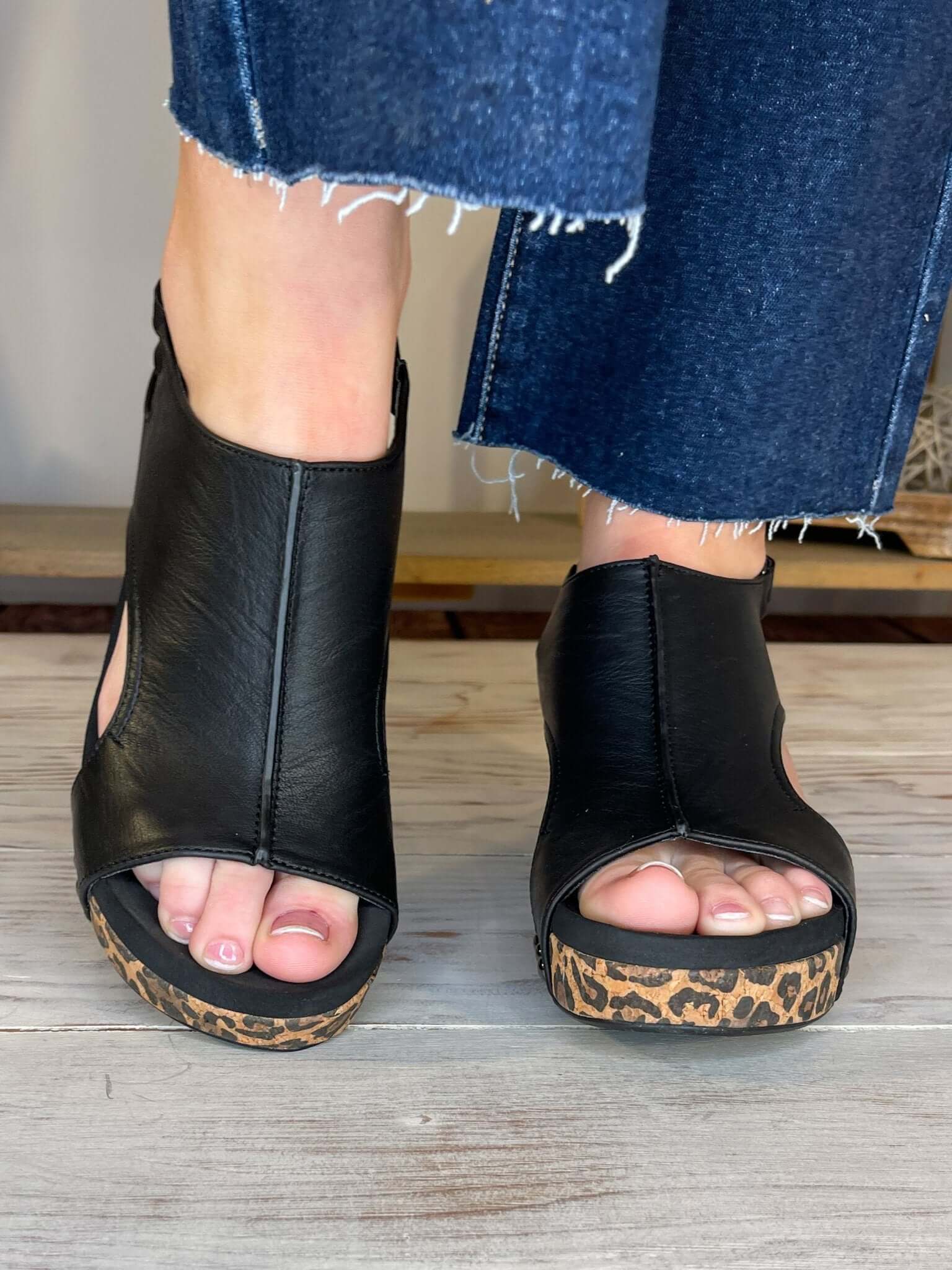 Corky's Footwear Carley Wedge Sandal - Black Smooth Leopard - Lavender Hills BeautyCorkys Footwear