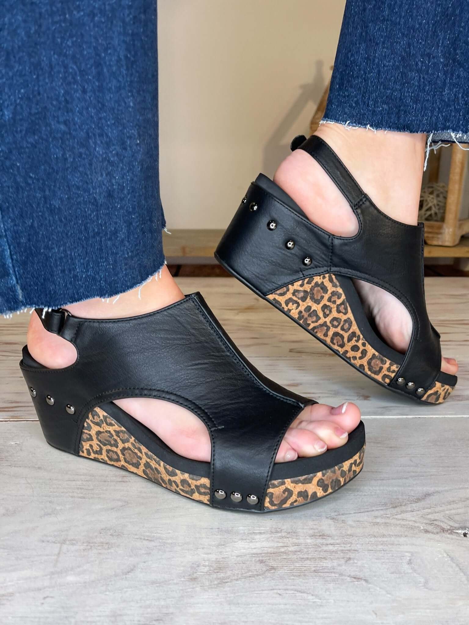 Corky's Footwear Carley Wedge Sandal - Black Smooth Leopard - Lavender Hills BeautyCorkys Footwear