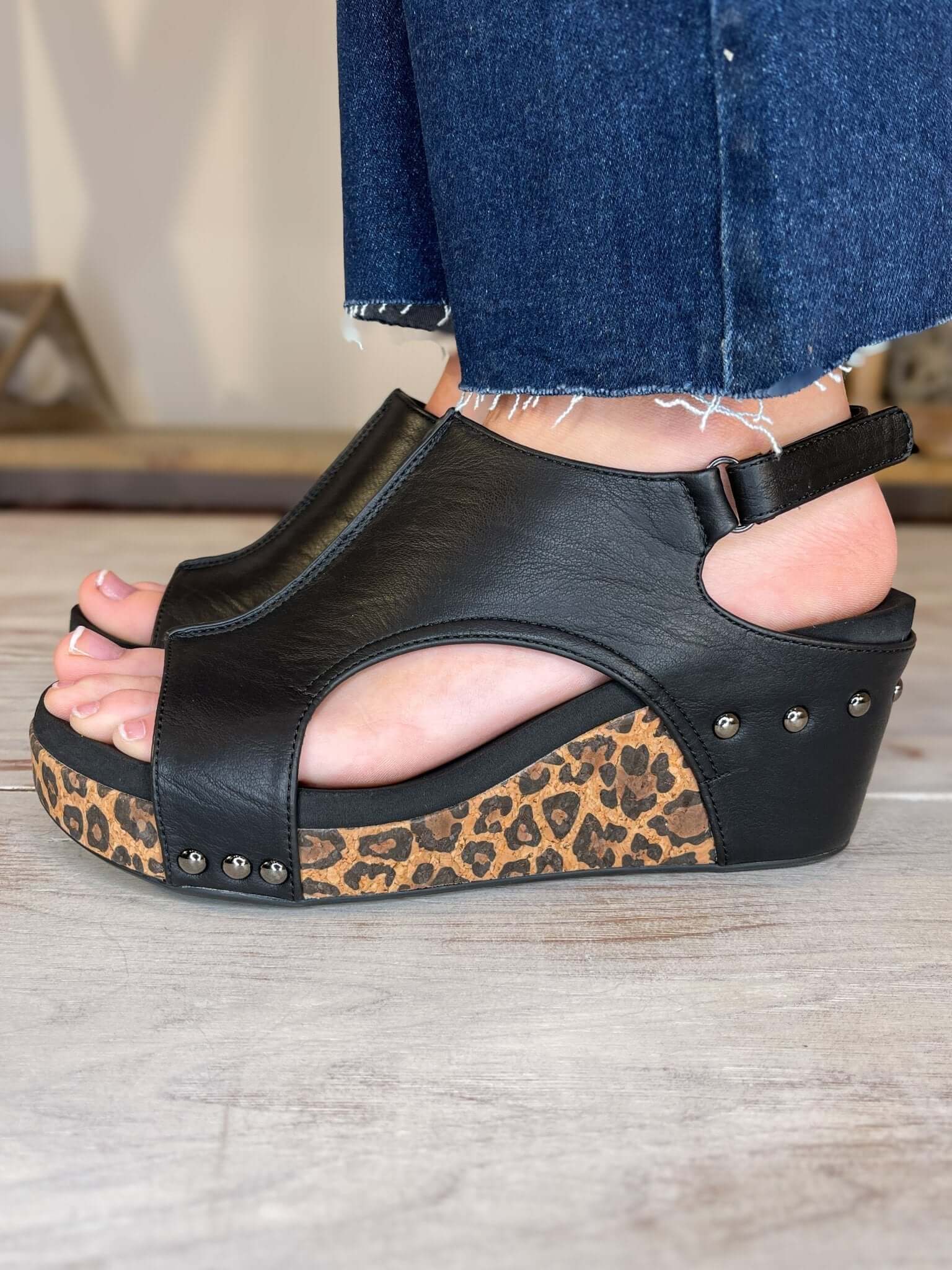 Corky's Footwear Carley Wedge Sandal - Black Smooth Leopard - Lavender Hills BeautyCorkys Footwear