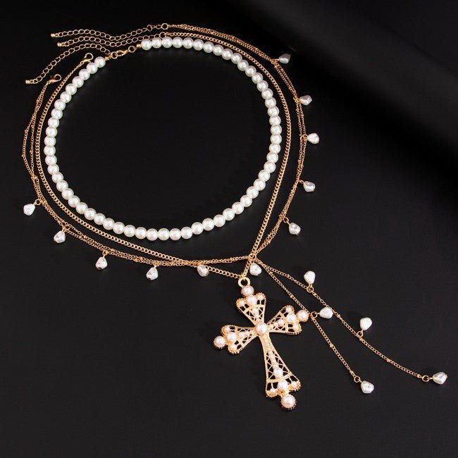 Cross Pearl Gold Multi Layered Necklace - Lavender Hills BeautyJosslyn by Wall to Wall80N92464