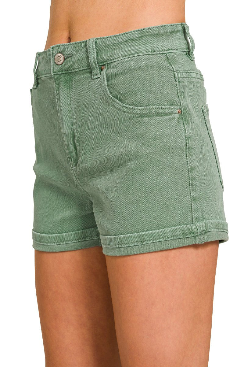 Olive High Rise Stretch Cuffed Denim Shorts - Lavender Hills BeautyZenanaDMP-1748Y-OLV-S