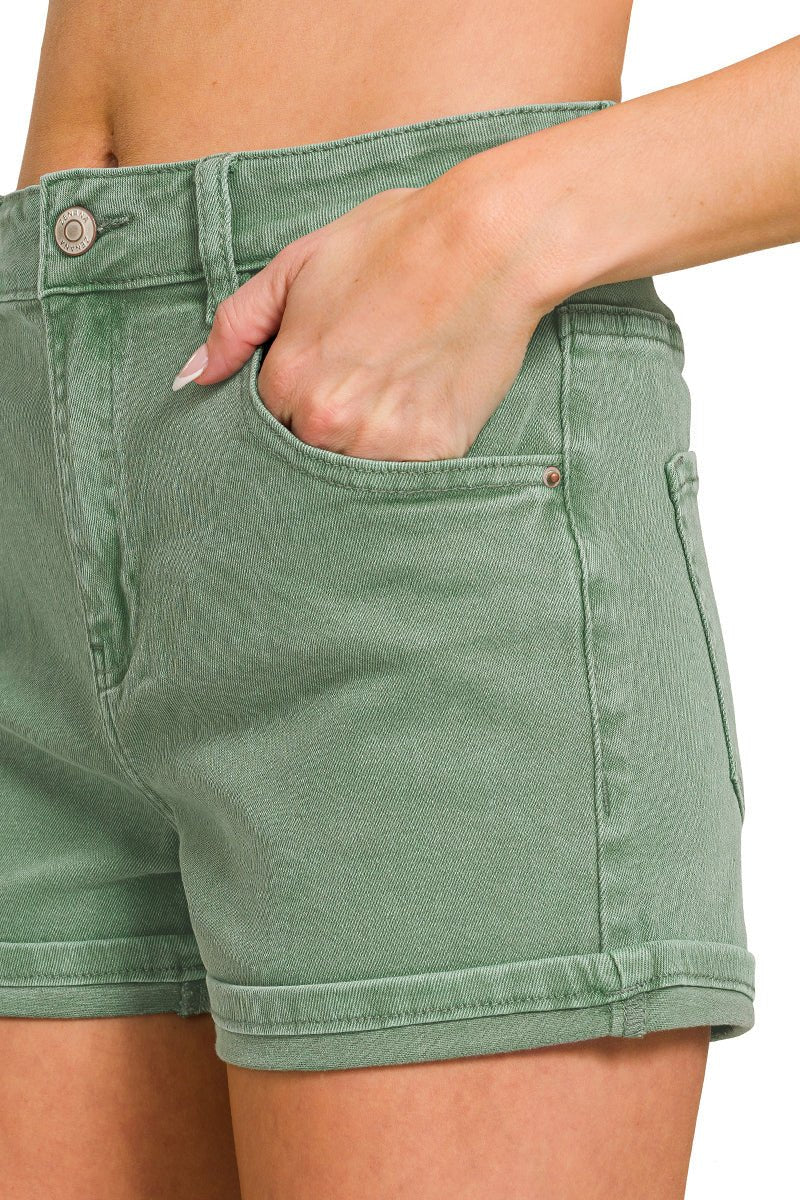 Olive High Rise Stretch Cuffed Denim Shorts - Lavender Hills BeautyZenanaDMP-1748Y-OLV-S