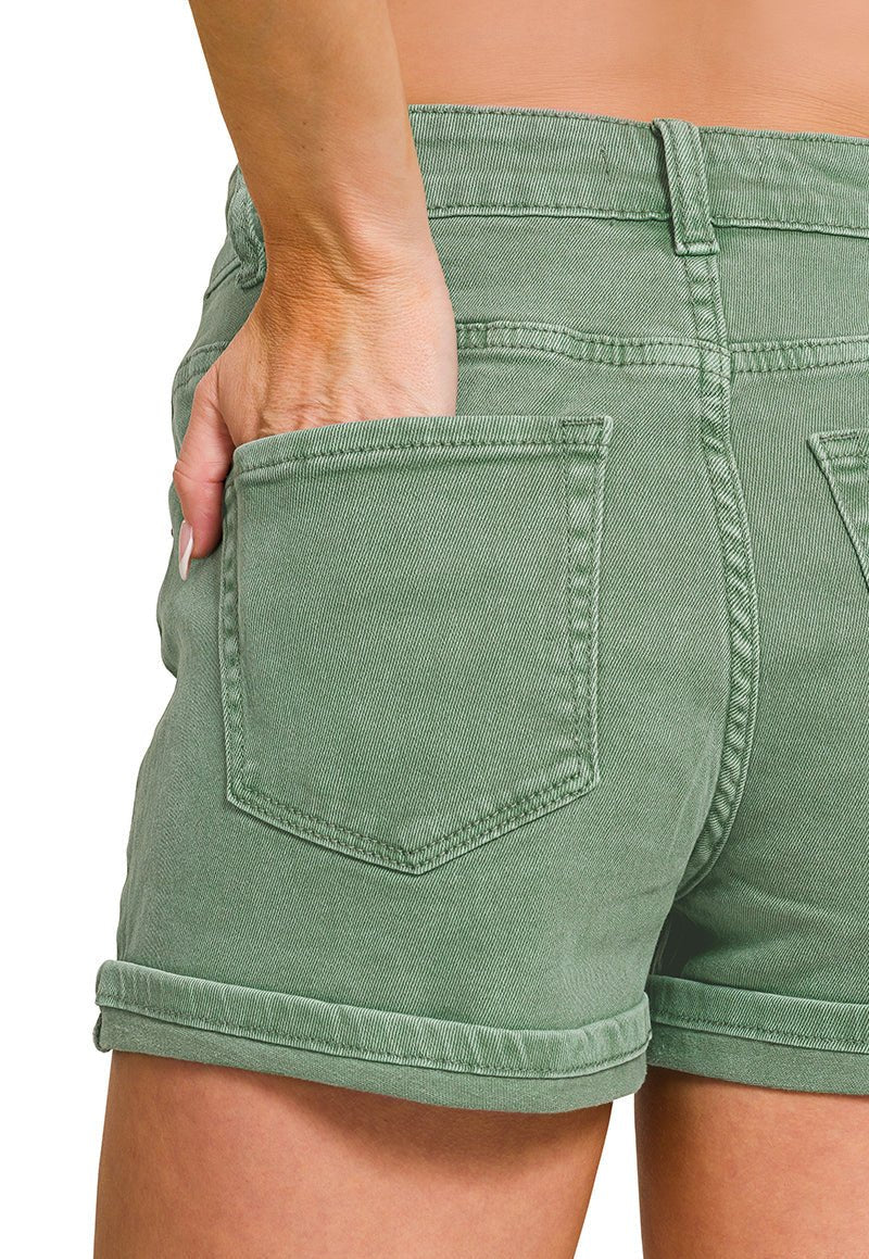 Olive High Rise Stretch Cuffed Denim Shorts - Lavender Hills BeautyZenanaDMP-1748Y-OLV-S