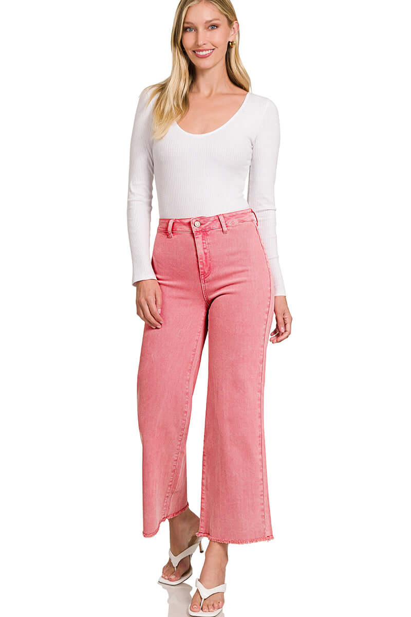 Acid Washed Cropped Straight Wide Pants Zenana