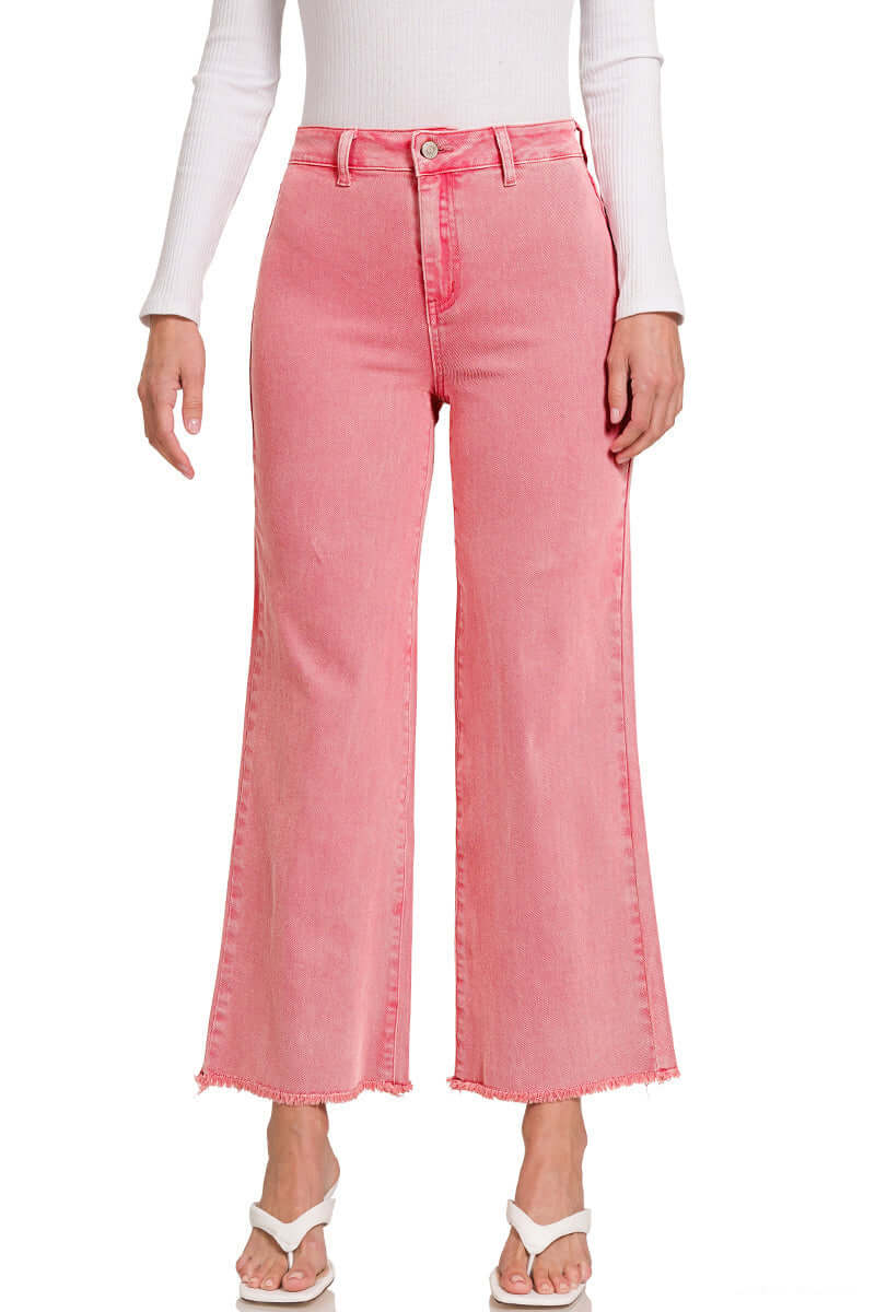 Acid Washed Cropped Straight Wide Pants Zenana