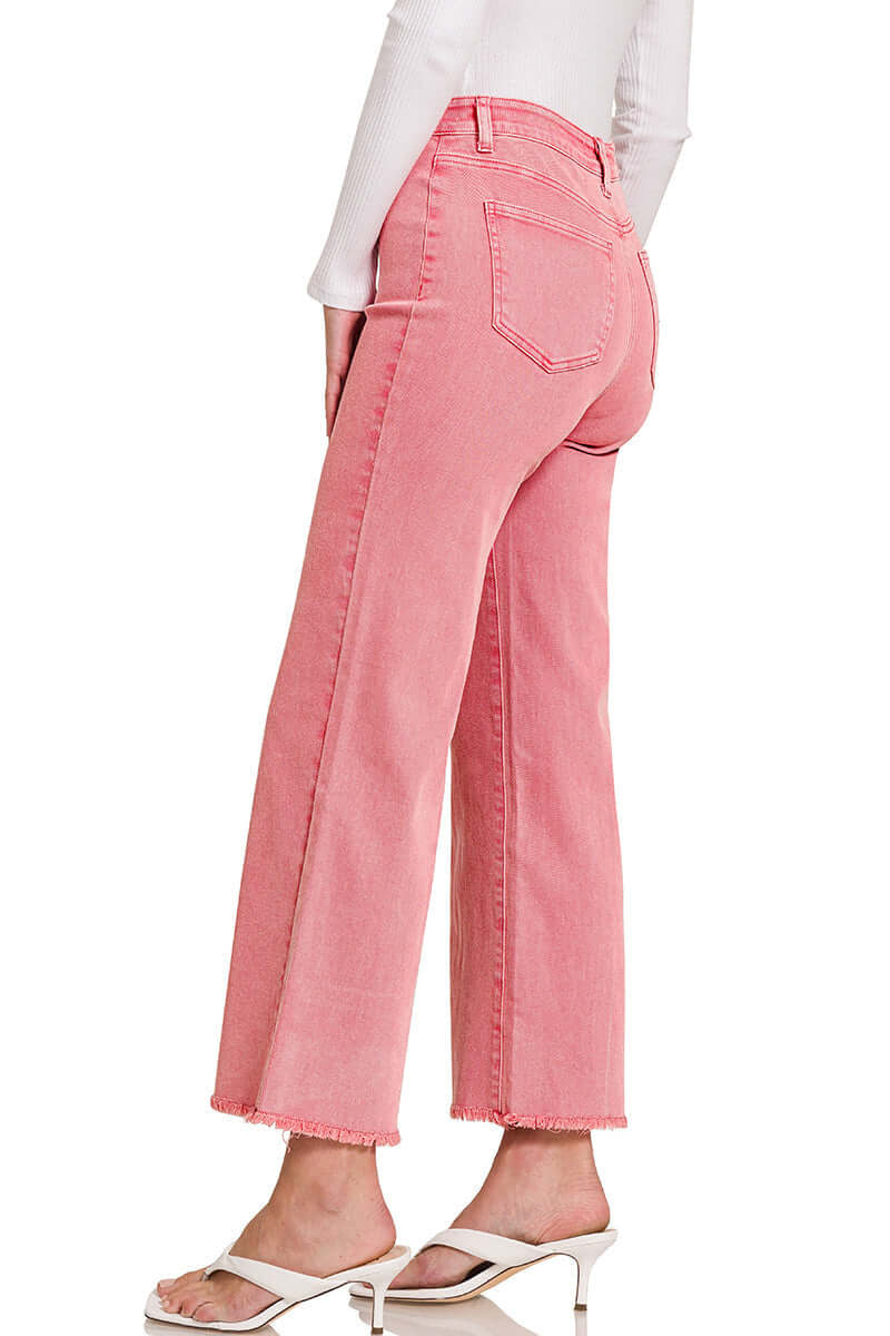 Acid Washed Cropped Straight Wide Pants Zenana