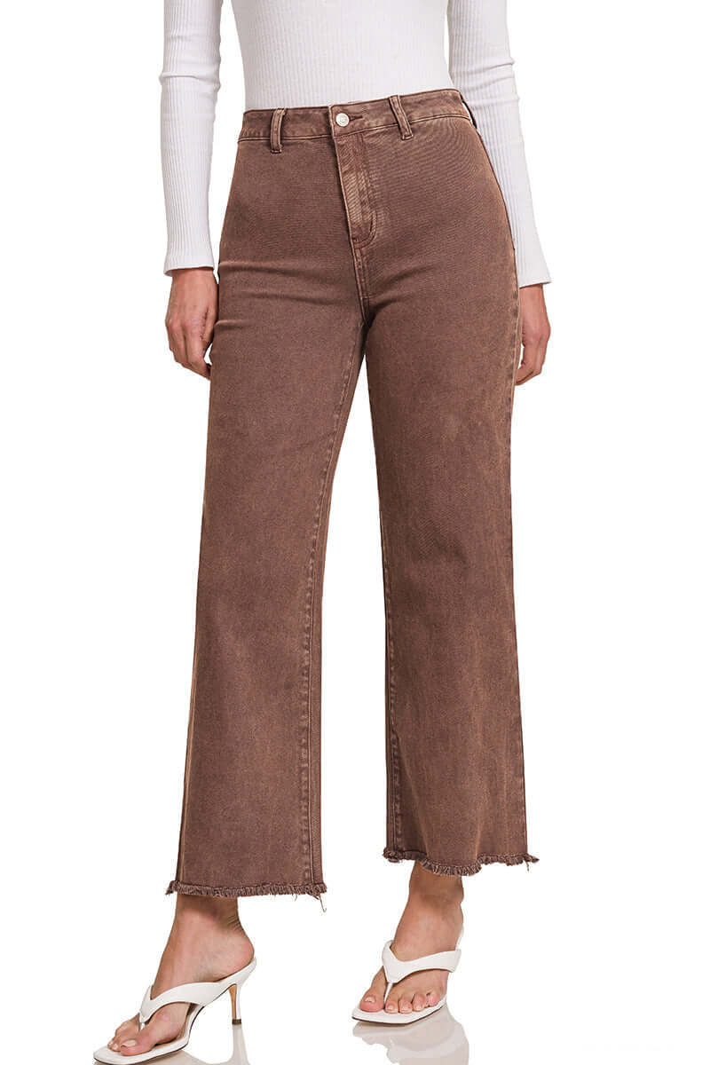 Acid Washed Cropped Straight Wide Pants Zenana
