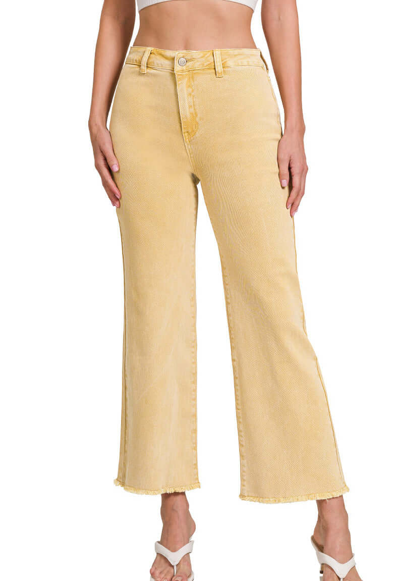 Acid Washed Cropped Straight Wide Pants Zenana