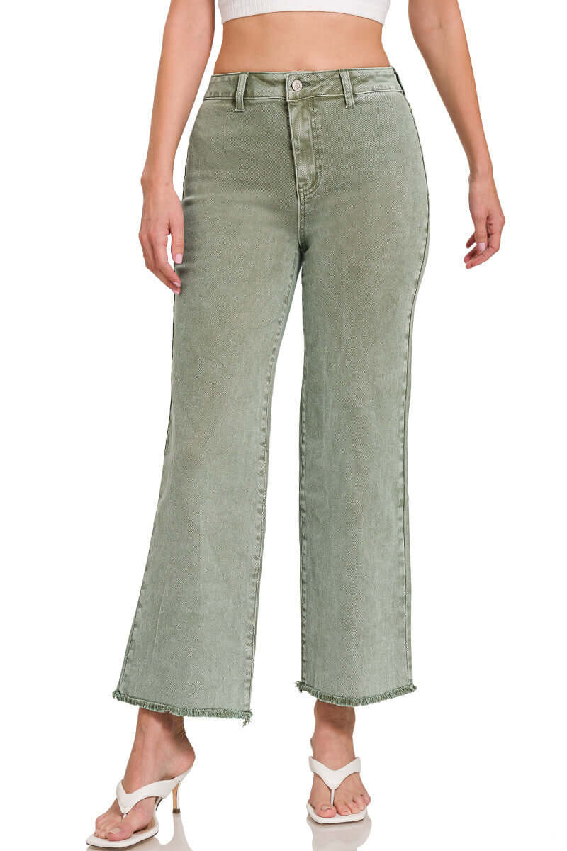Acid Washed Cropped Straight Wide Pants Zenana