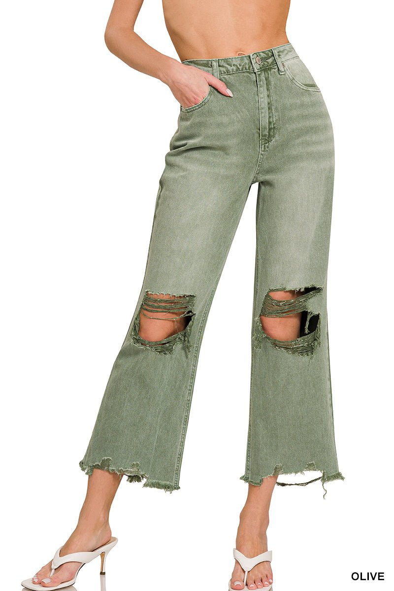 Olive Distressed Crop Hem Straight Jean - Lavender Hills BeautyZenanaDMP-1862OL-1