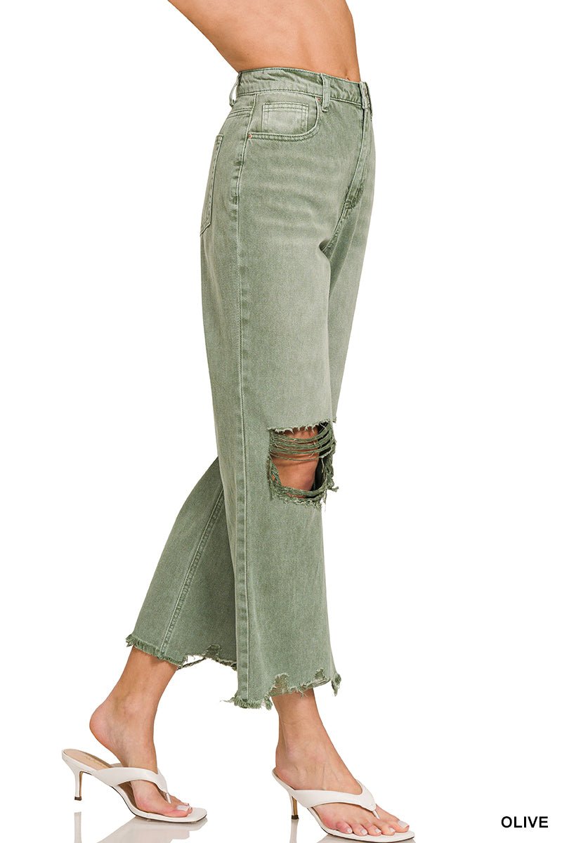 Olive Distressed Crop Hem Straight Jean - Lavender Hills BeautyZenanaDMP-1862OL-1