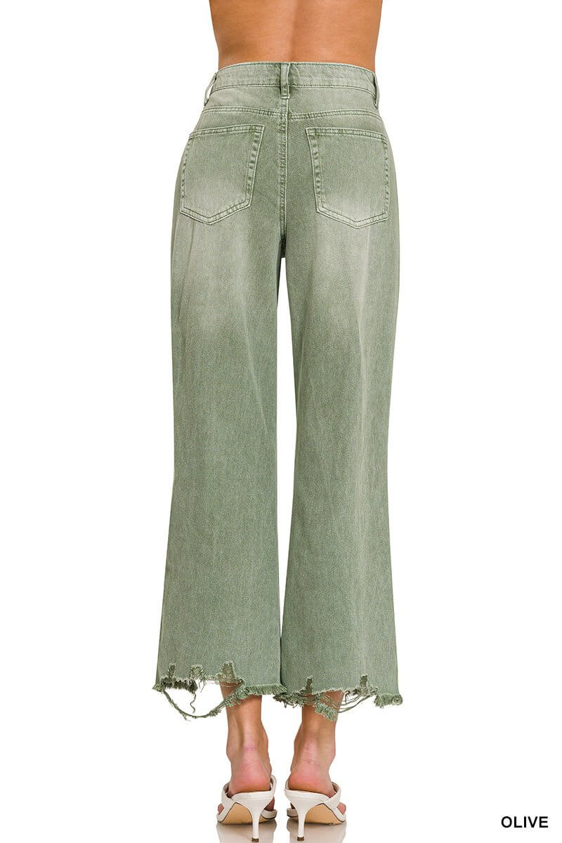 Olive Distressed Crop Hem Straight Jean - Lavender Hills BeautyZenanaDMP-1862OL-1