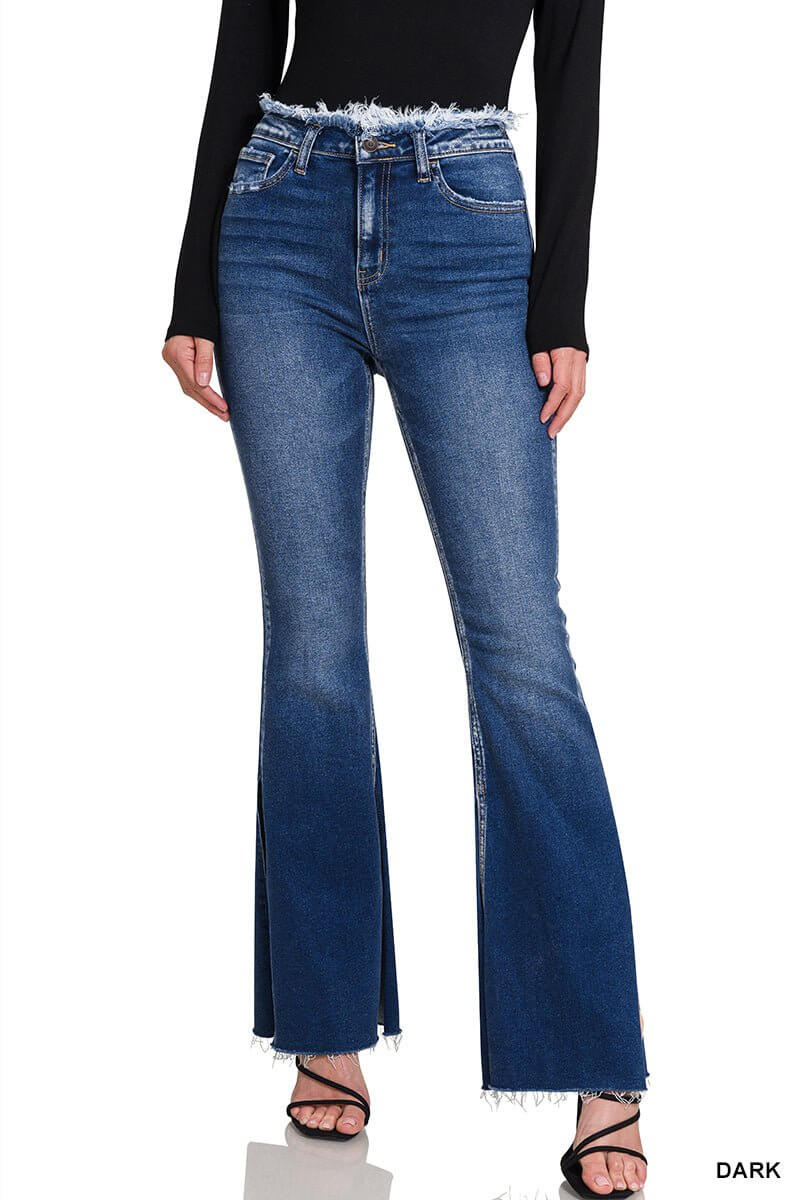 Side Slit Frayed Waist Flare Jeans - Lavender Hills BeautyZenanaDOP-1648DD-4