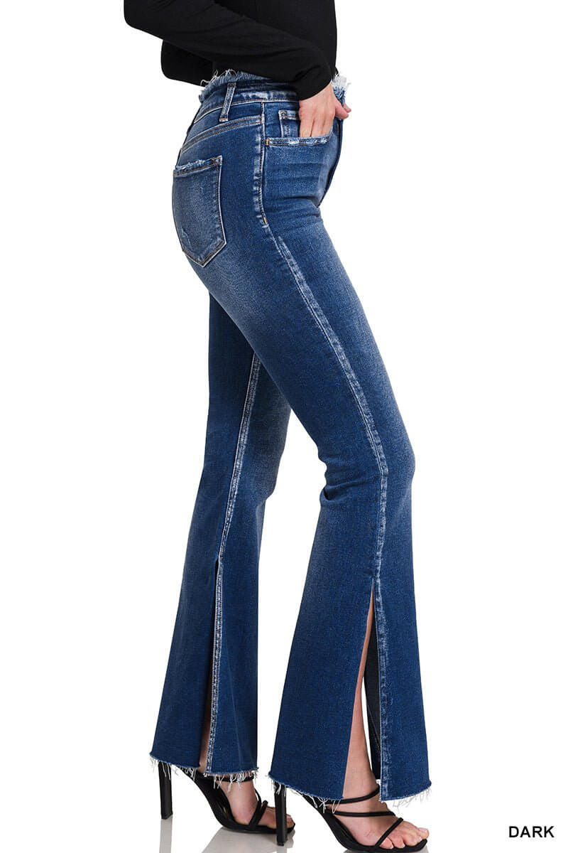 Side Slit Frayed Waist Flare Jeans - Lavender Hills BeautyZenanaDOP-1648DD-4