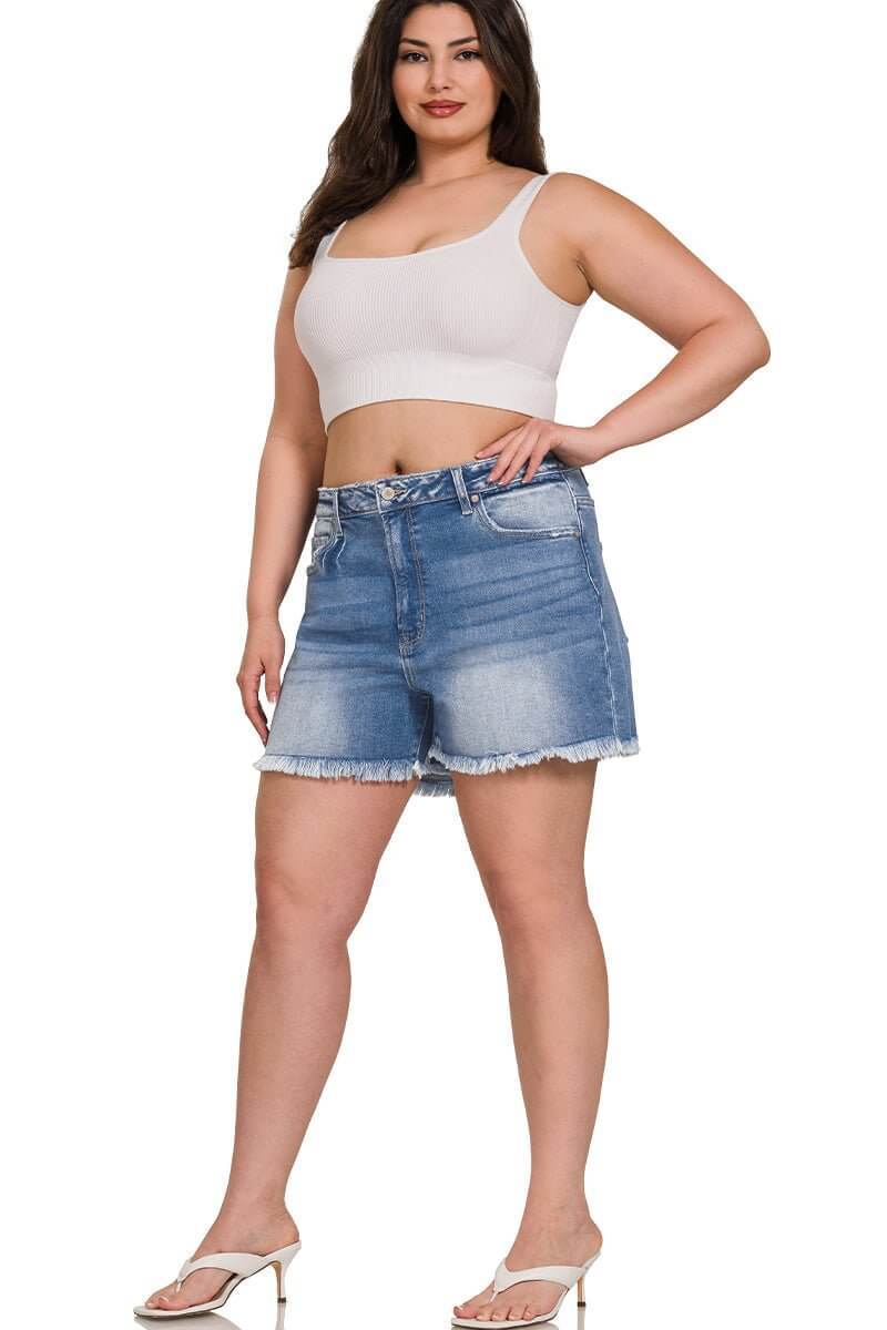 River Drift Raw Hem Mid-Rise Shorts - Lavender Hills BeautyZenanaDTP-1791