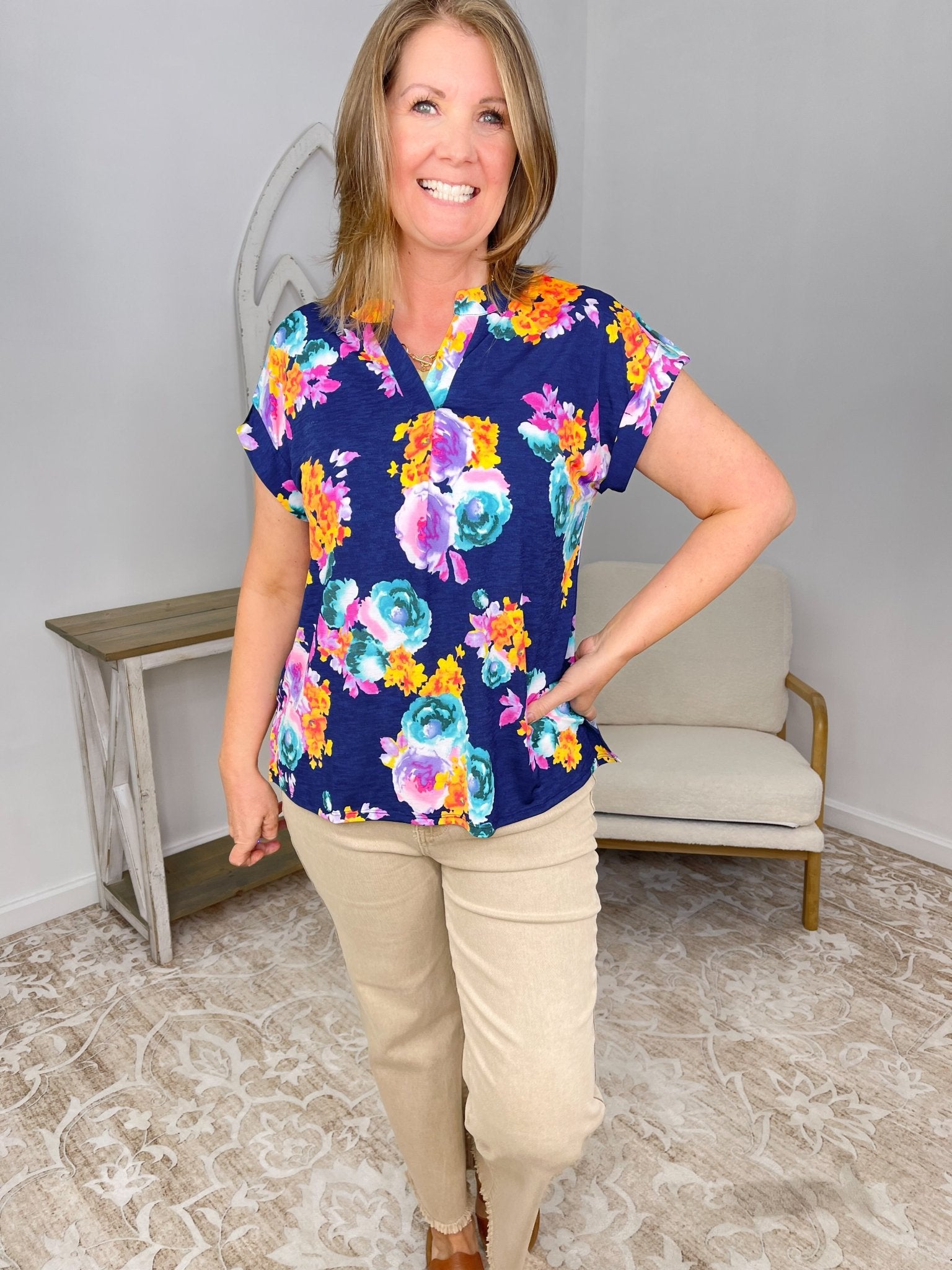 Dear Scarlett Lizzy Floral Bulgari Cap Sleeve Top - Navy - Lavender Hills BeautyDear ScarlettDSCR-LZ-NVY-1