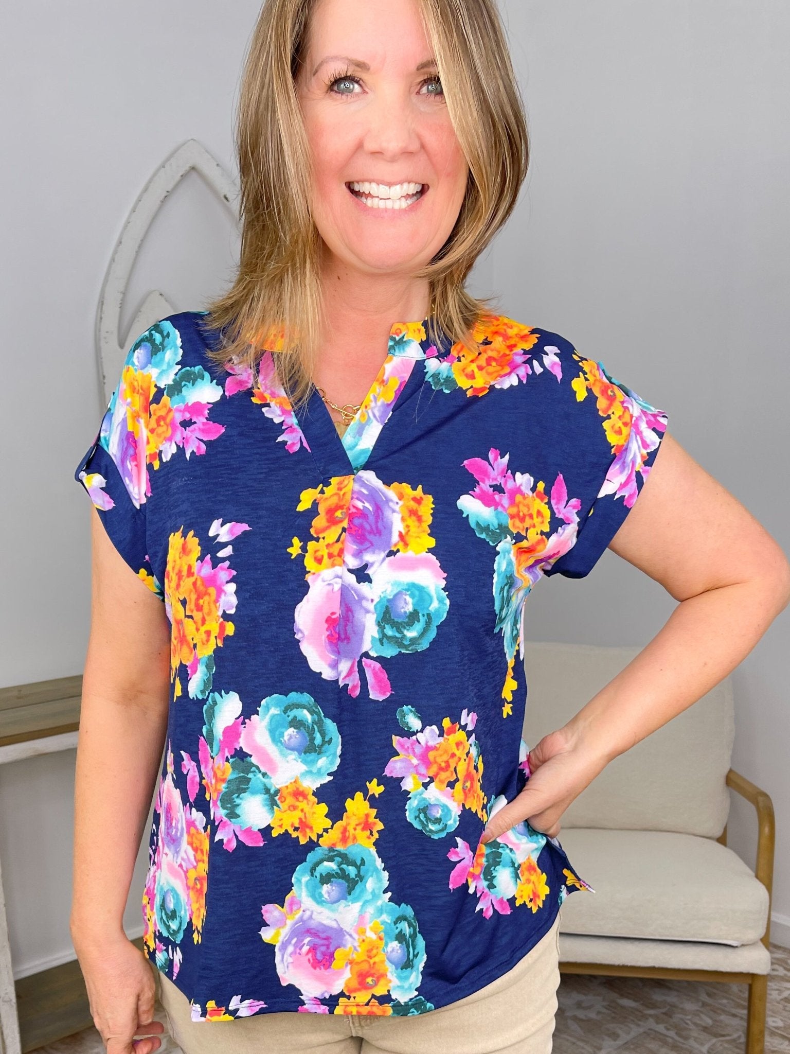 Dear Scarlett Lizzy Floral Bulgari Cap Sleeve Top - Navy - Lavender Hills BeautyDear ScarlettDSCR-LZ-NVY-1
