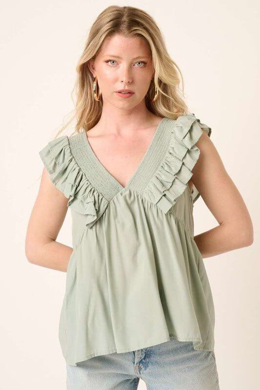 Dusty Sage Ruffle V-Neck Babydoll Blouse - Lavender Hills BeautyMittoshopH14632-SAGE-S
