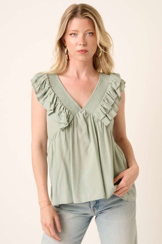 Dusty Sage Ruffle V-Neck Babydoll Blouse - Lavender Hills BeautyMittoshopH14632-SAGE-S