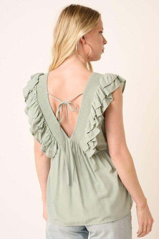Dusty Sage Ruffle V-Neck Babydoll Blouse - Lavender Hills BeautyMittoshopH14632-SAGE-S