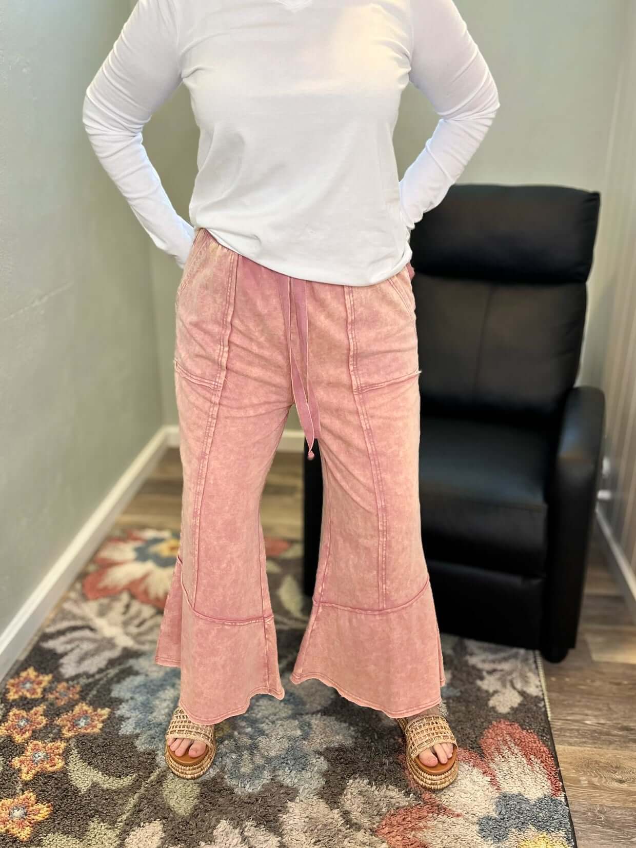 Easy Days Cropped Mineral Wash Wide Leg Flared Lounge Pants - Lavender Hills BeautyZenanaTPW - 5253Y - 2