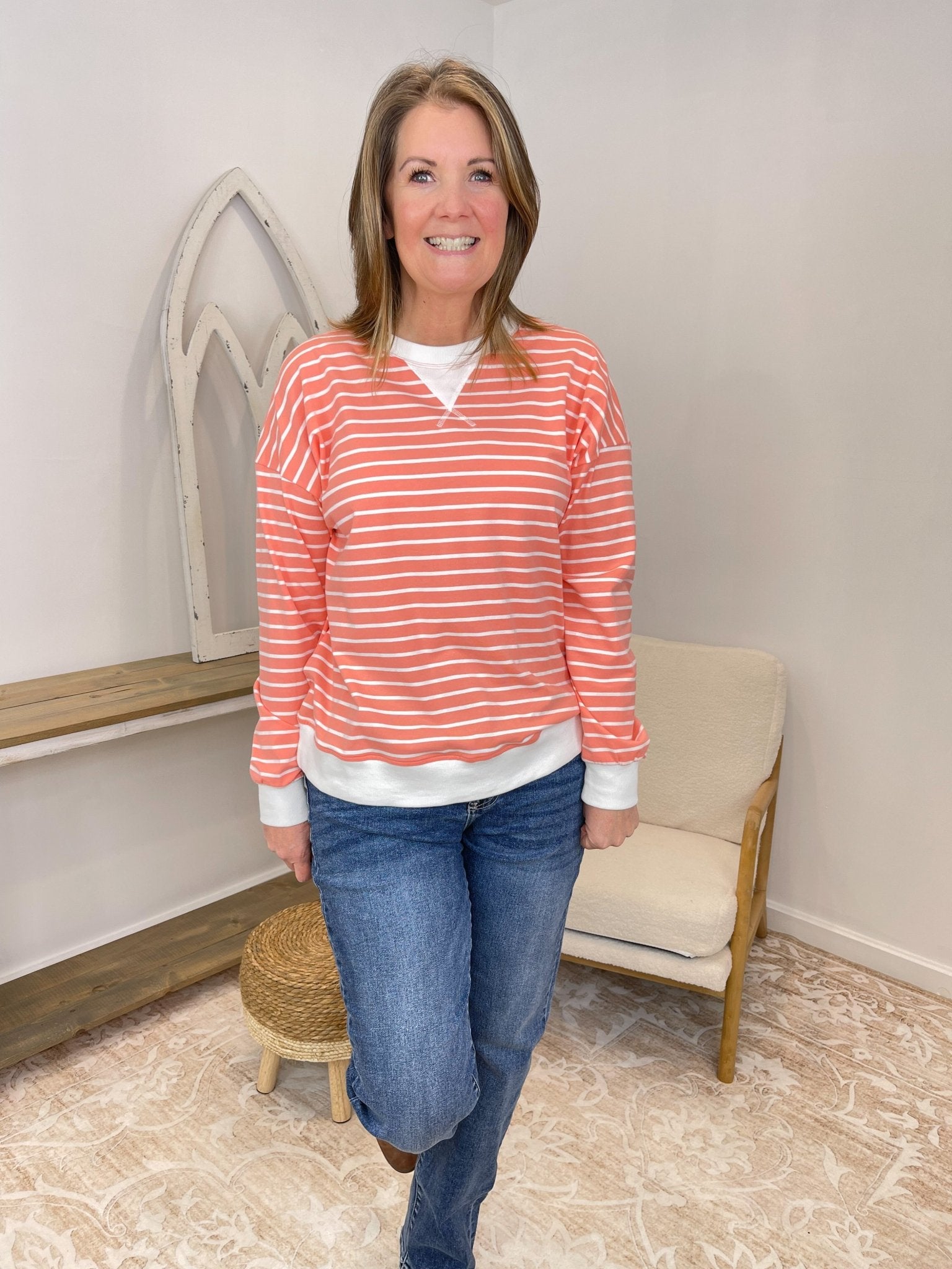Effortless Striped Pullover Sweatshirt - Lavender Hills BeautyZenanaCT-3557Y-CRL-S