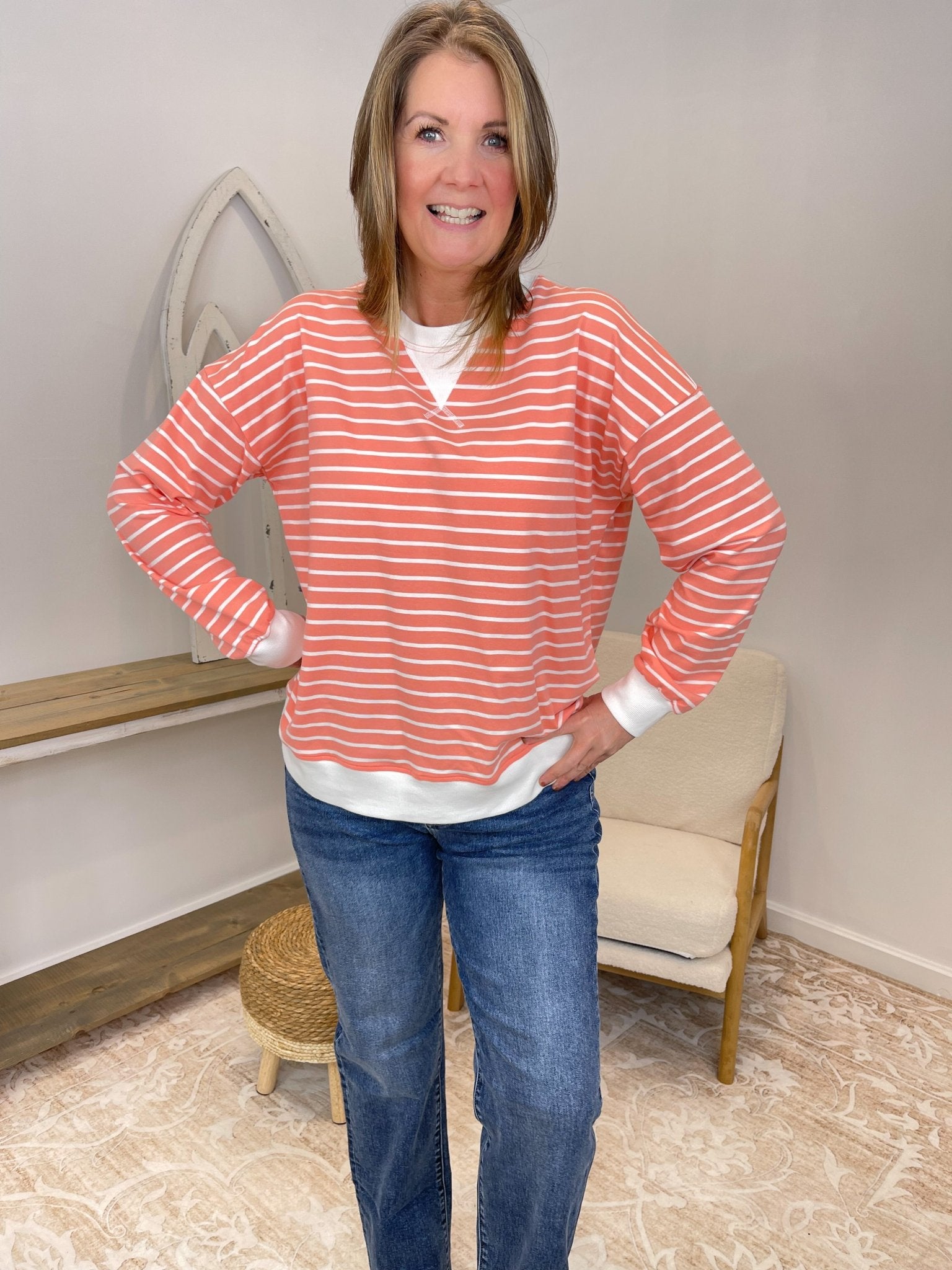 Effortless Striped Pullover Sweatshirt - Lavender Hills BeautyZenanaCT-3557Y-CRL-S