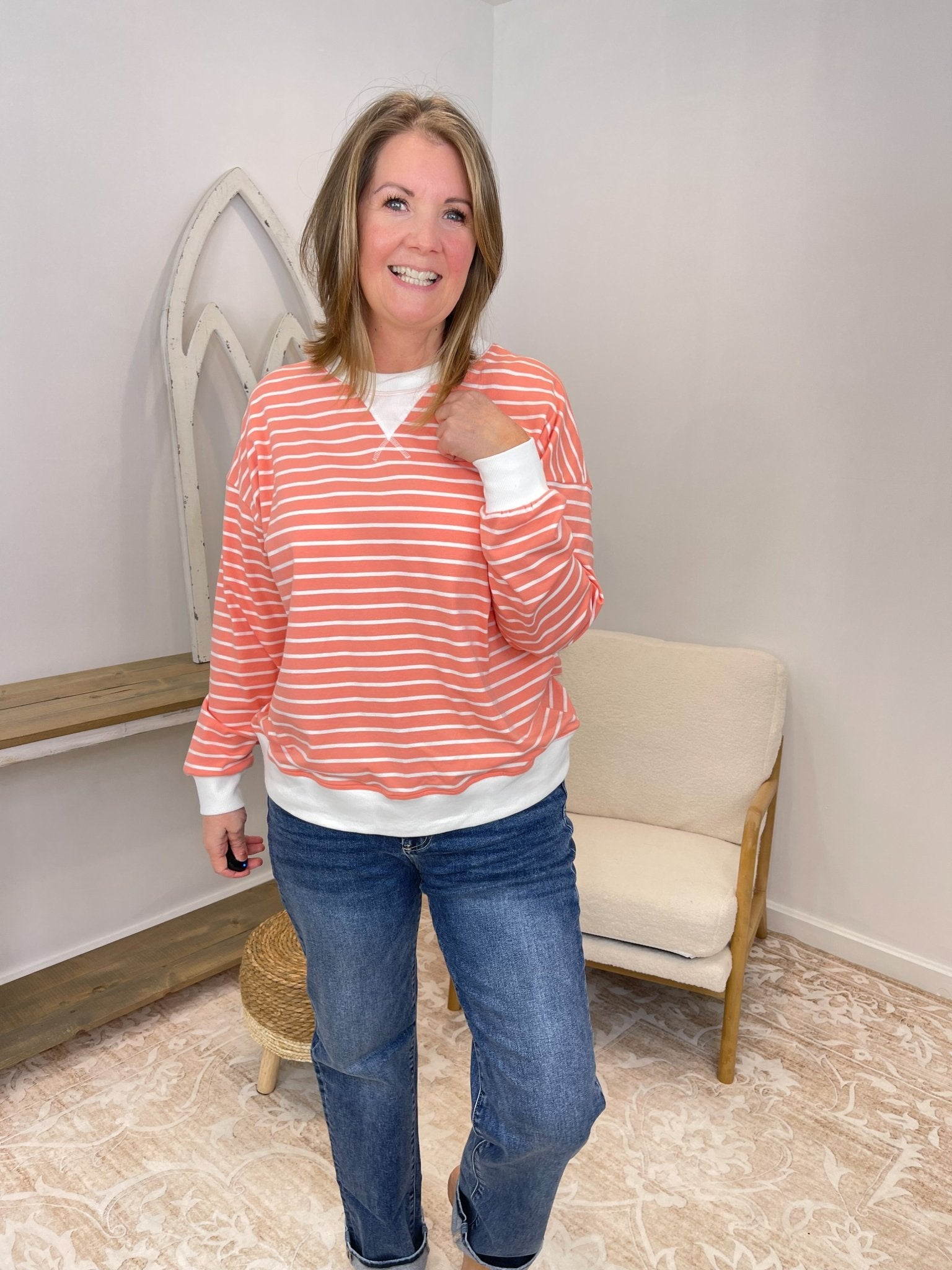 Effortless Striped Pullover Sweatshirt - Lavender Hills BeautyZenanaCT-3557Y-CRL-S