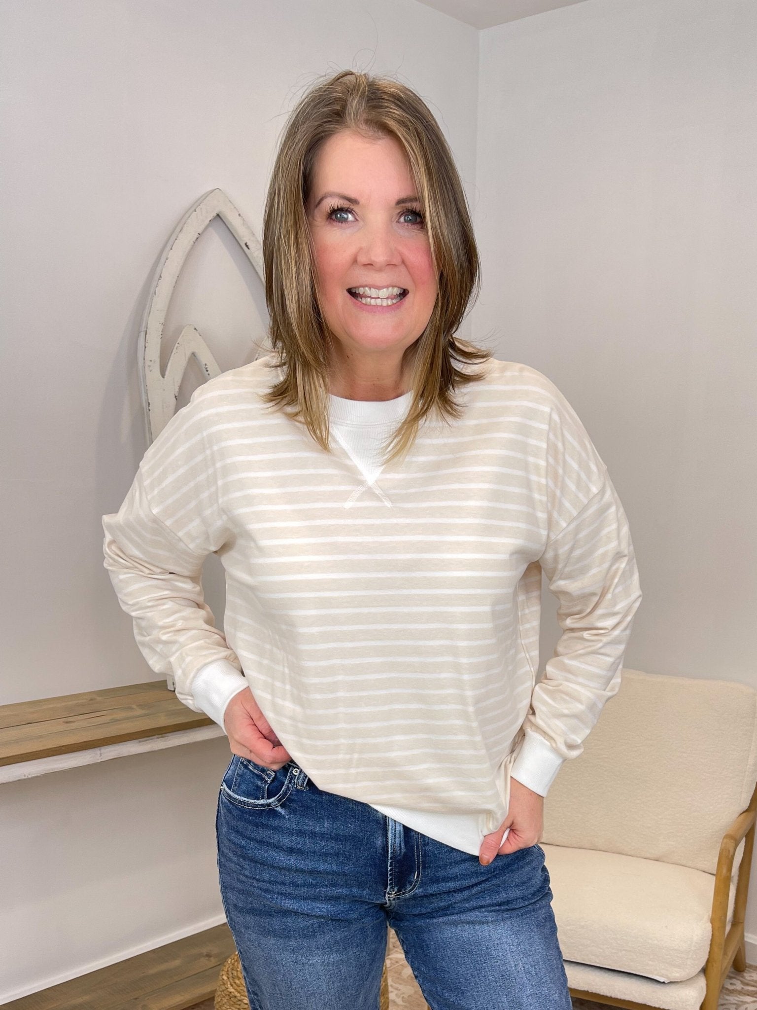 Effortless Striped Pullover Sweatshirt - Lavender Hills BeautyZenanaCT-3557Y-CRL-S