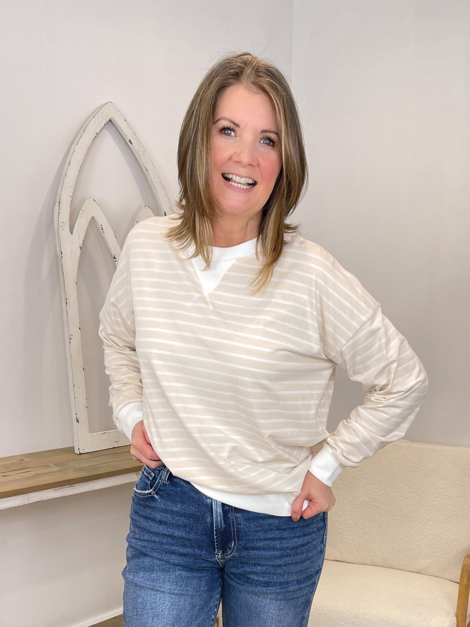 Effortless Striped Pullover Sweatshirt - Lavender Hills BeautyZenanaCT-3557Y-CRL-S