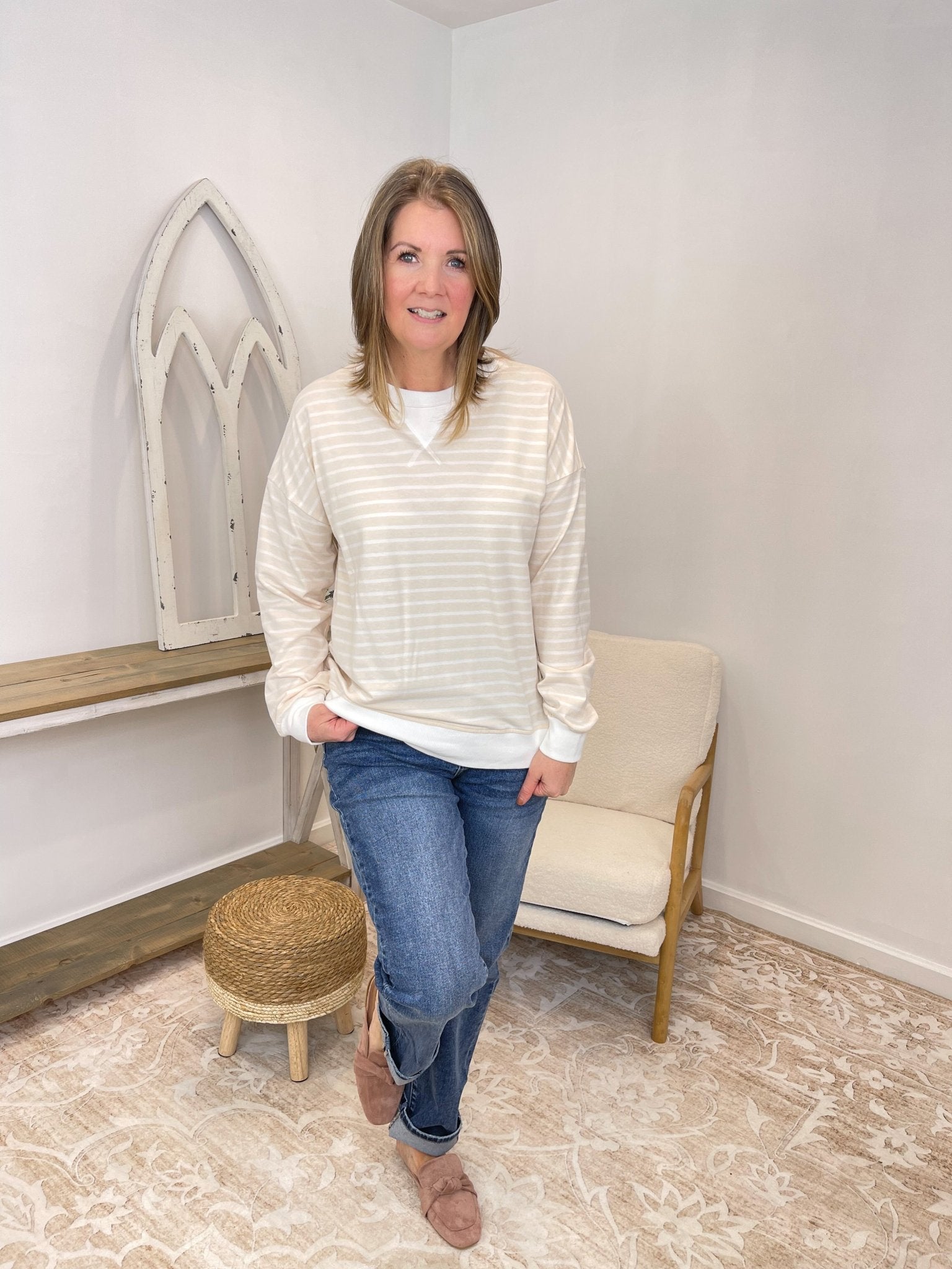 Effortless Striped Pullover Sweatshirt - Lavender Hills BeautyZenanaCT-3557Y-CRL-S