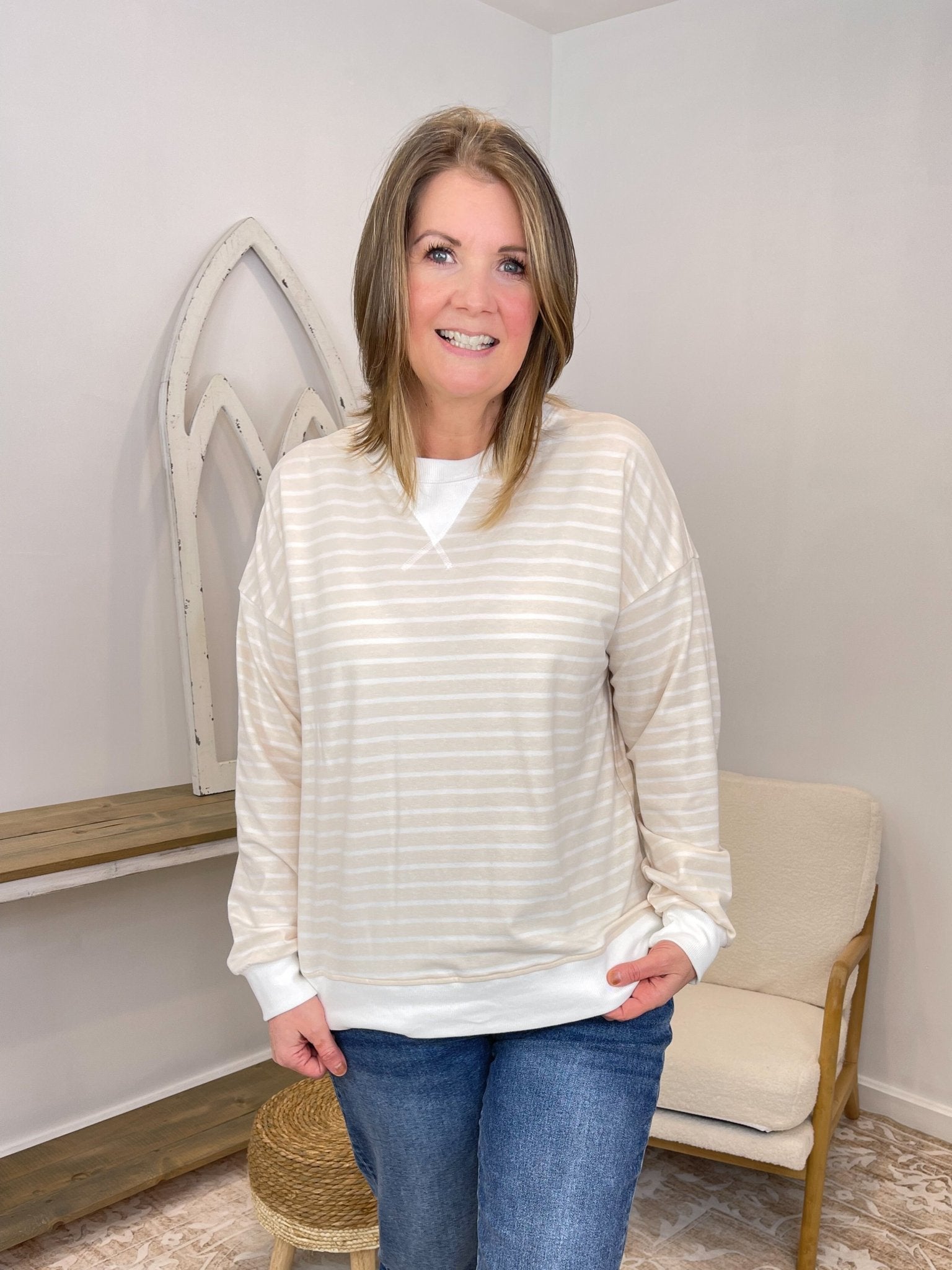 Effortless Striped Pullover Sweatshirt - Lavender Hills BeautyZenanaCT-3557Y-CRL-S