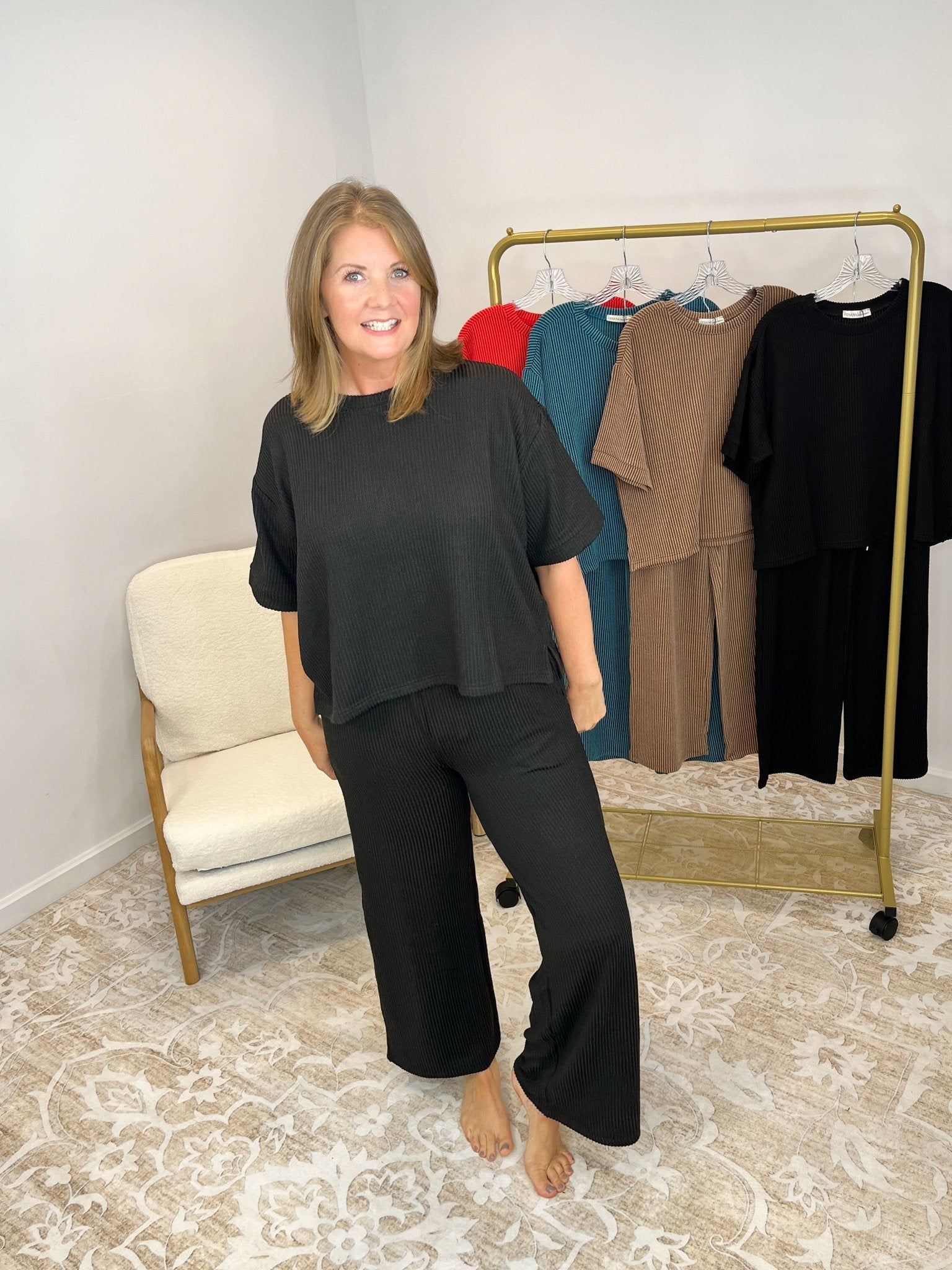 Everyday Lux Duo - 2 Piece Short Sleeve Top & Pants Set - Lavender Hills BeautyZenanaRTLRPL - 8608Y - BLK - S