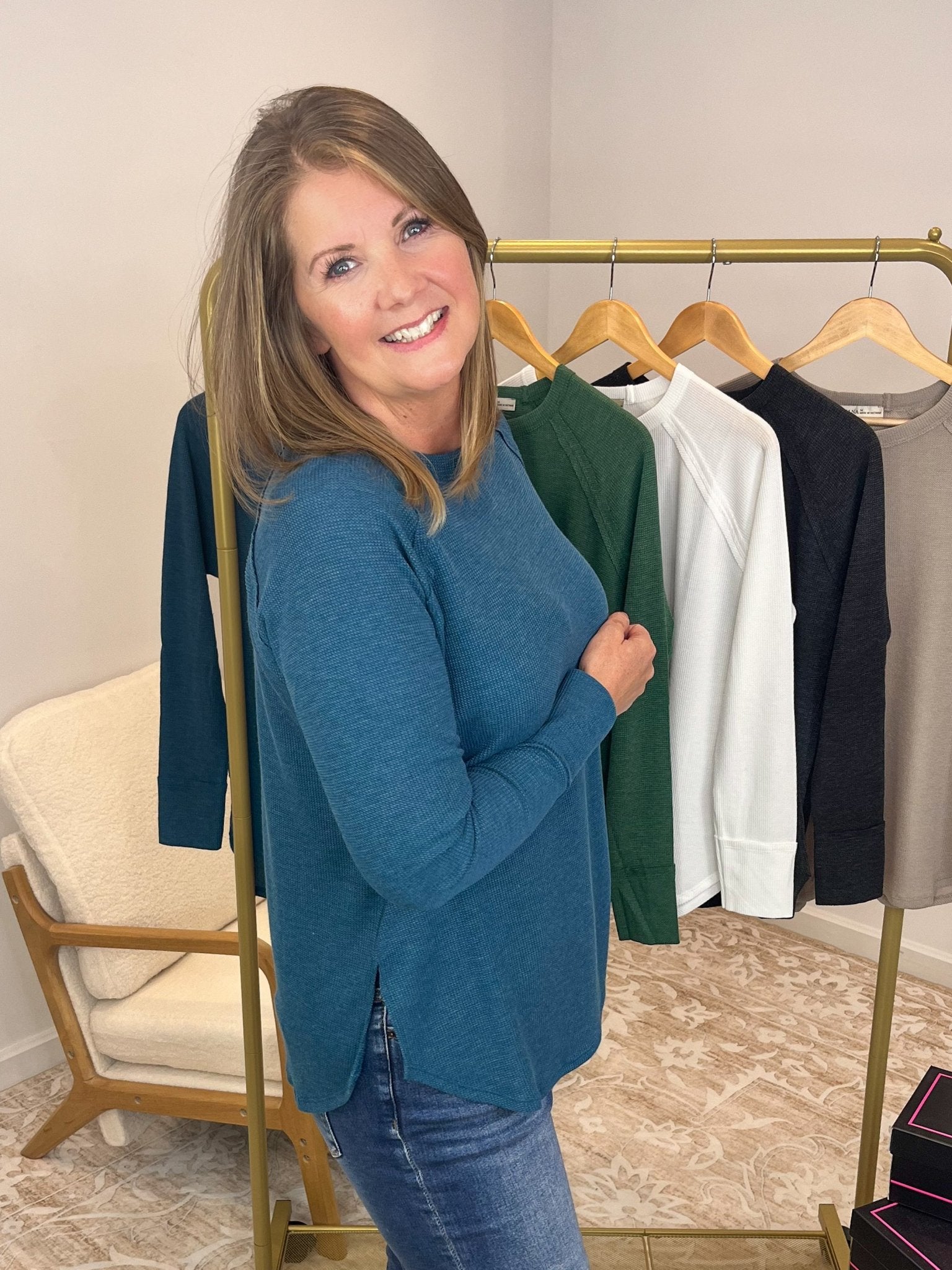 Everyday Waffle Raglan Long Sleeve Top Shirt - Lavender Hills BeautyZenanaJT - 7542M8 - TEL - S