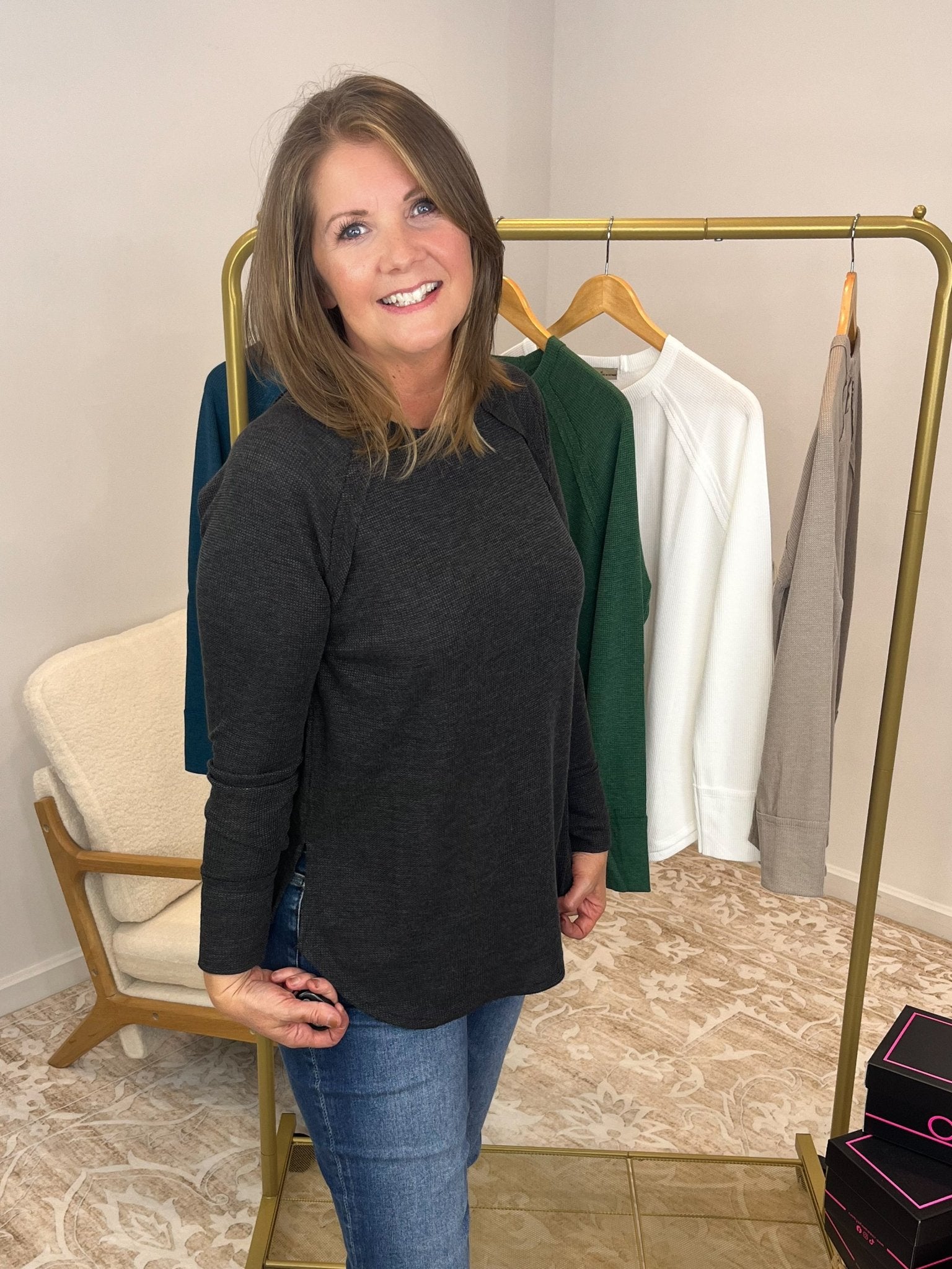 Everyday Waffle Raglan Long Sleeve Top Shirt - Lavender Hills BeautyZenanaJT - 7542M8 - TEL - S