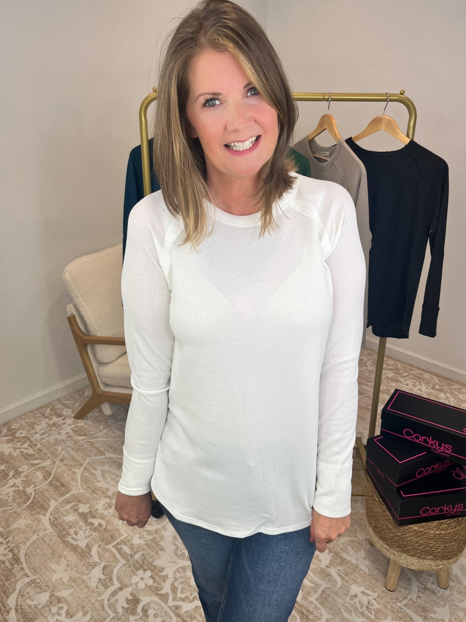 Everyday Waffle Raglan Long Sleeve Top Shirt - Lavender Hills BeautyZenanaJT - 7542M8 - TEL - S