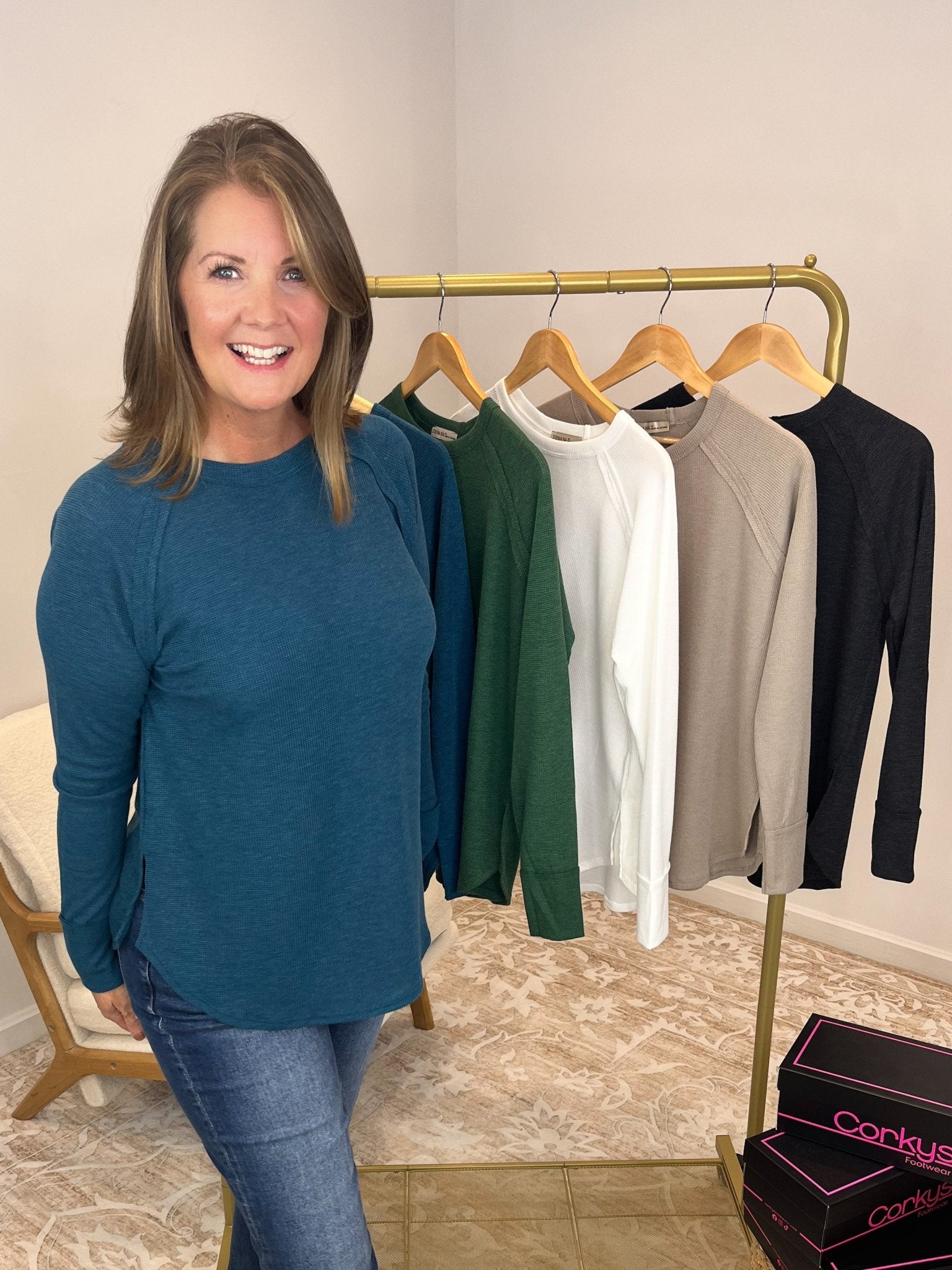 Everyday Waffle Raglan Long Sleeve Top Shirt - Lavender Hills BeautyZenanaJT - 7542M8 - TEL - S