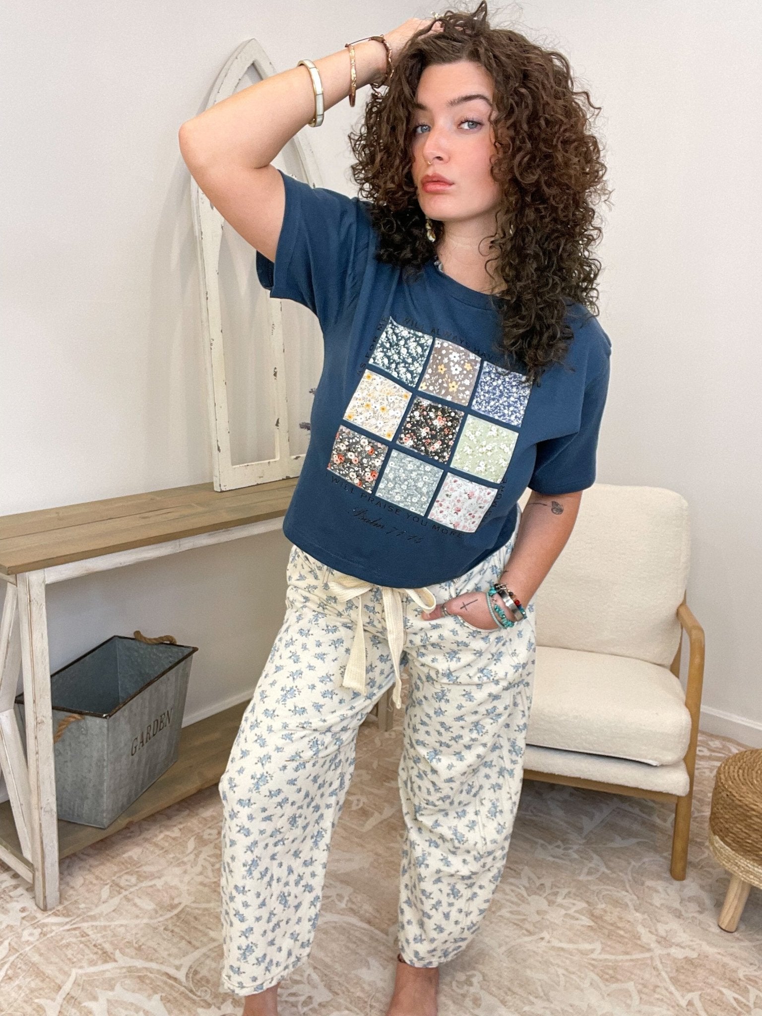 Eyelet Belt Floral Print Denim Barrel Pants - Lavender Hills BeautyPeach Love CaliforniaIP200317-03-S