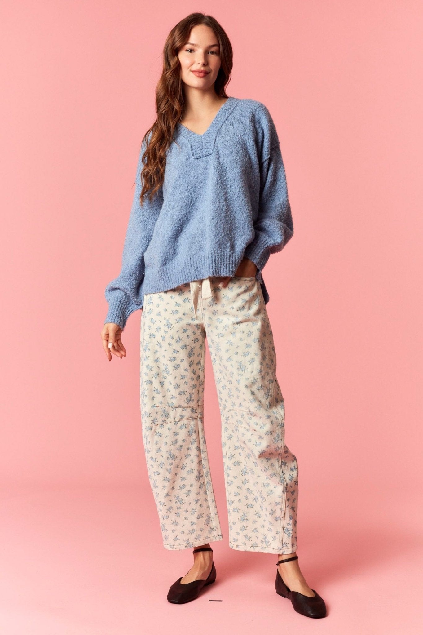 Eyelet Belt Floral Print Denim Barrel Pants - Lavender Hills BeautyPeach Love CaliforniaIP200317-03-S