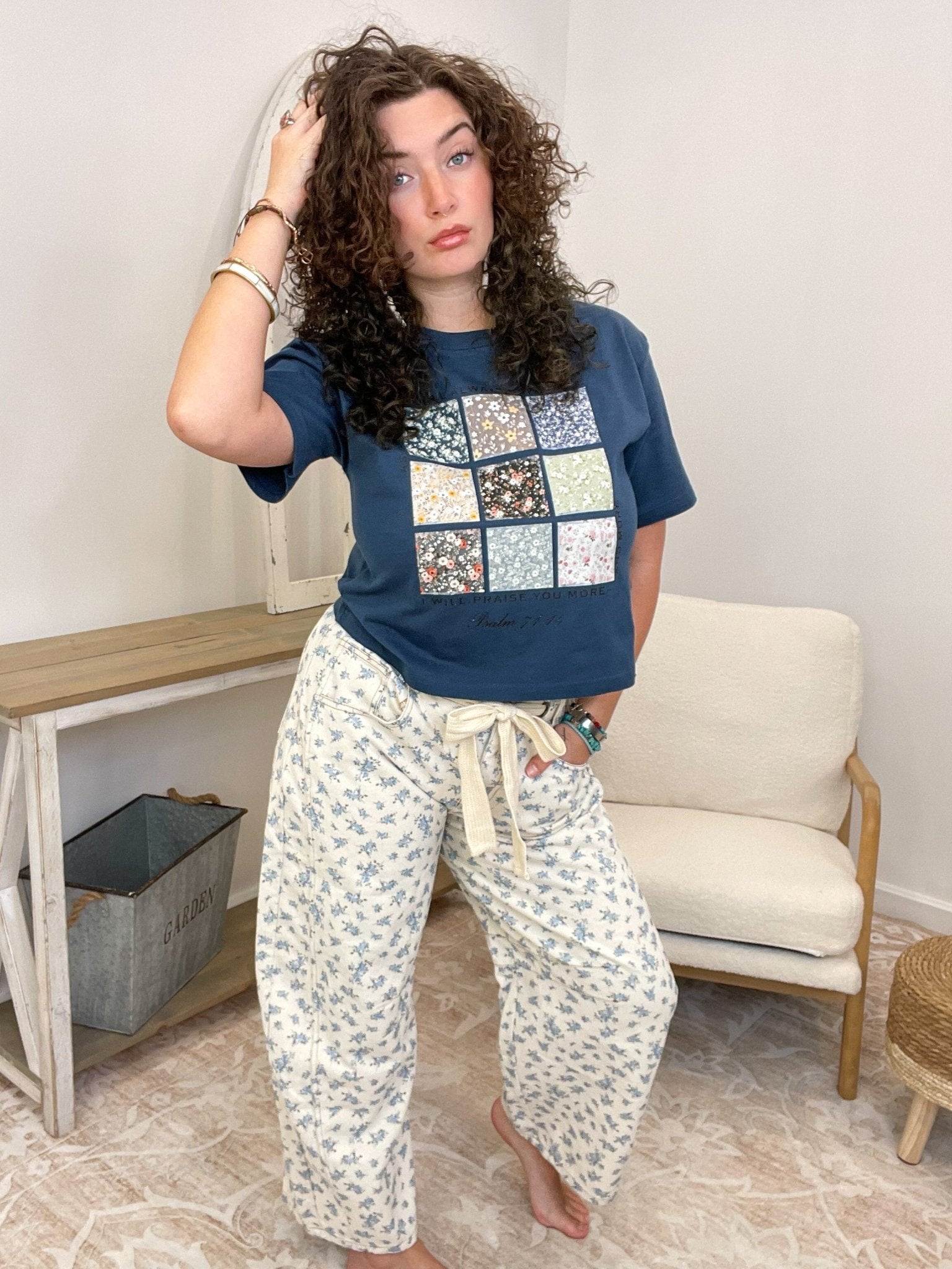 Eyelet Belt Floral Print Denim Barrel Pants - Lavender Hills BeautyPeach Love CaliforniaIP200317-03-S