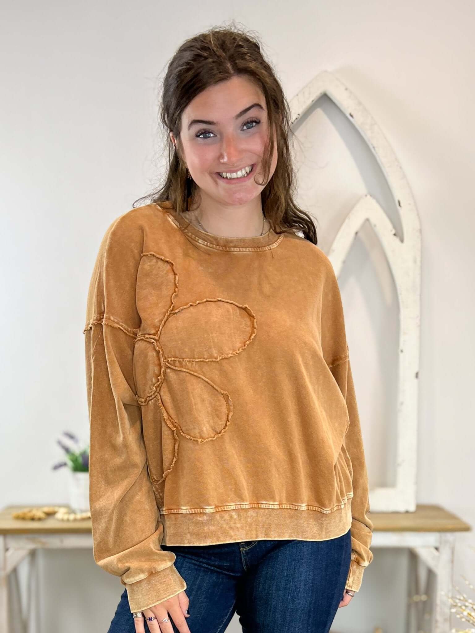 Flower Patch Washed Terry Knit Pullover Sweatshirt - Lavender Hills BeautyEaselET70787 - S