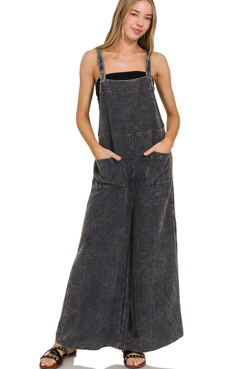 Flowy Gauze Wide Leg Overalls - Ash Black - Lavender Hills BeautyZenanaQPW-7161Y-ABLK