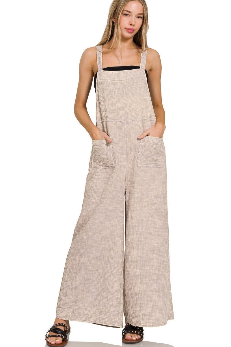 Flowy Gauze Wide Leg Overalls - Ash Mocha - Lavender Hills BeautyZenana